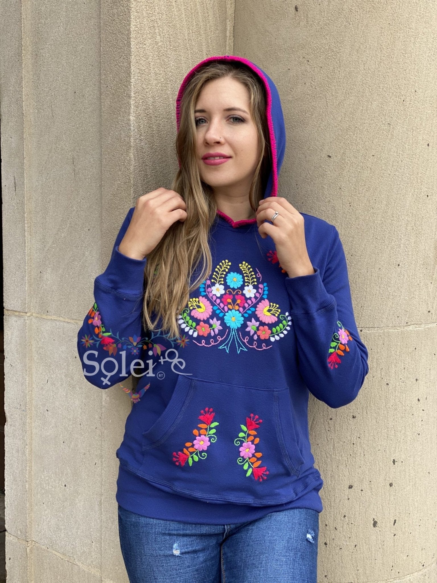 Poblana Hoodie Hand embroidered floral design hoodie, cotton Mexican design hoodie. - Solei Store