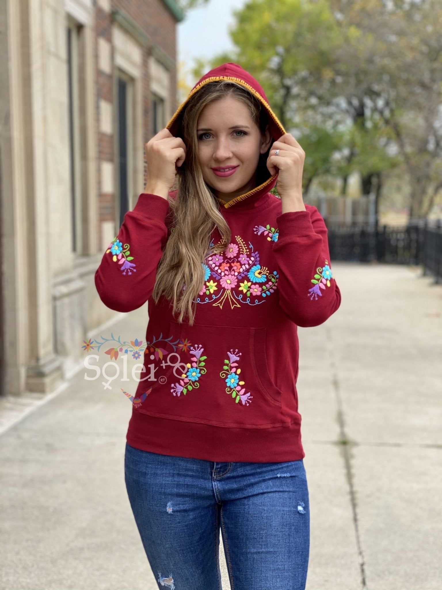 Poblana Hoodie Hand embroidered floral design hoodie, cotton Mexican design hoodie. - Solei Store