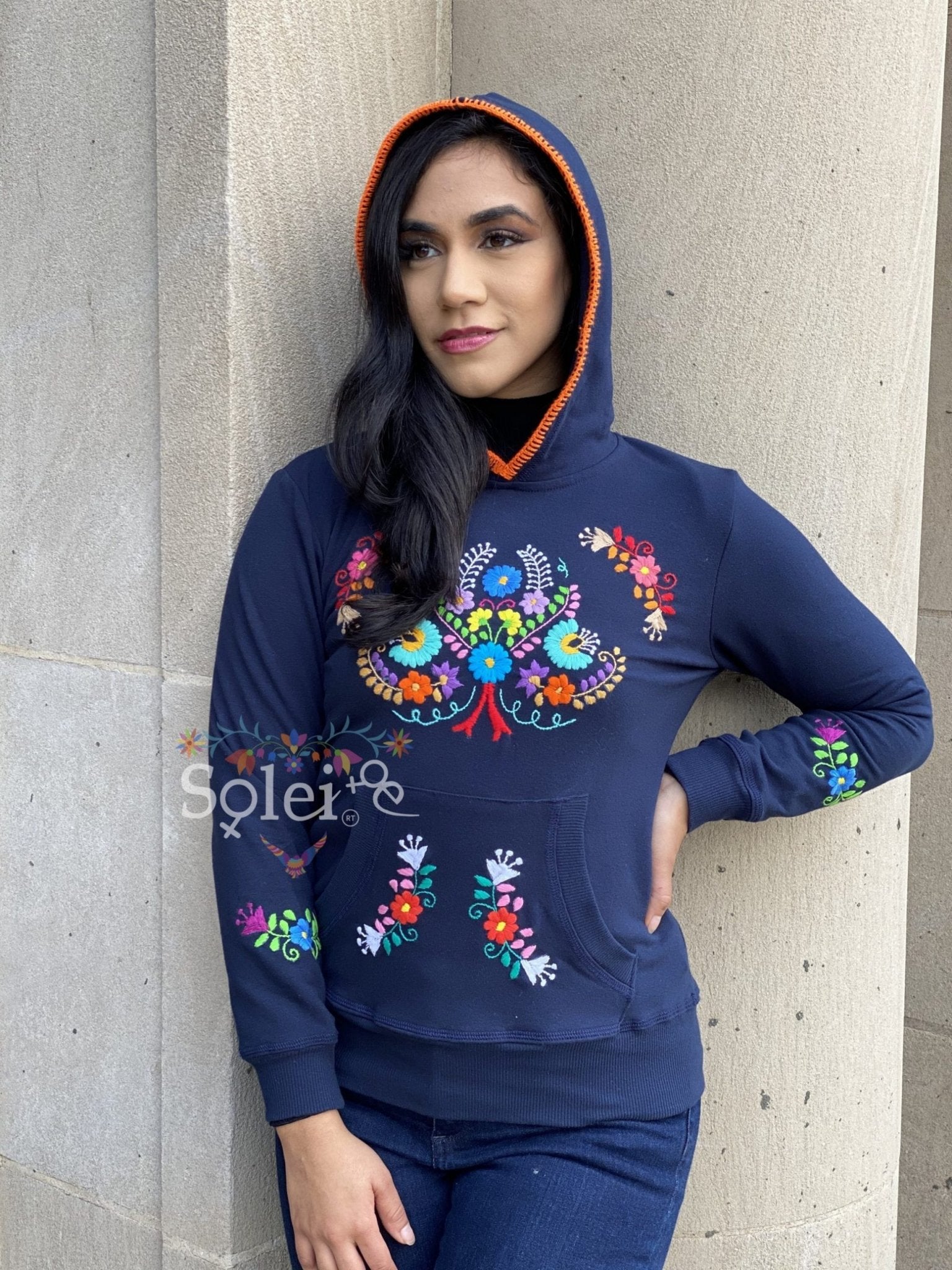 Poblana Hoodie Hand embroidered floral design hoodie, cotton Mexican design hoodie. - Solei Store