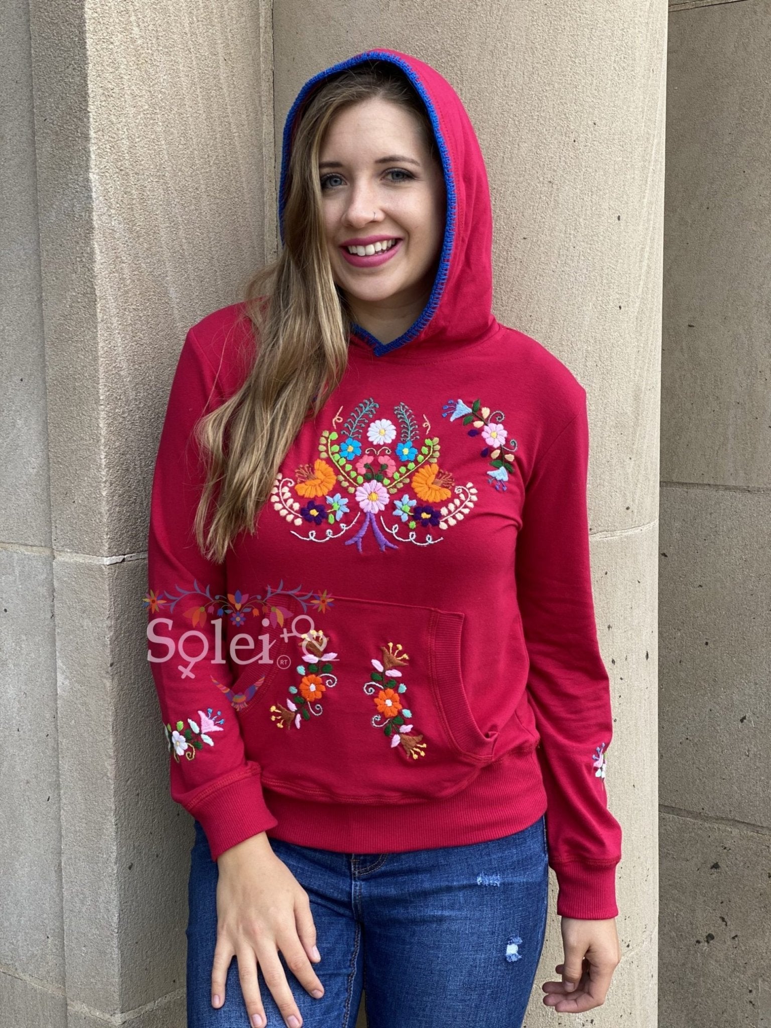 Poblana Hoodie Hand embroidered floral design hoodie, cotton Mexican design hoodie. - Solei Store