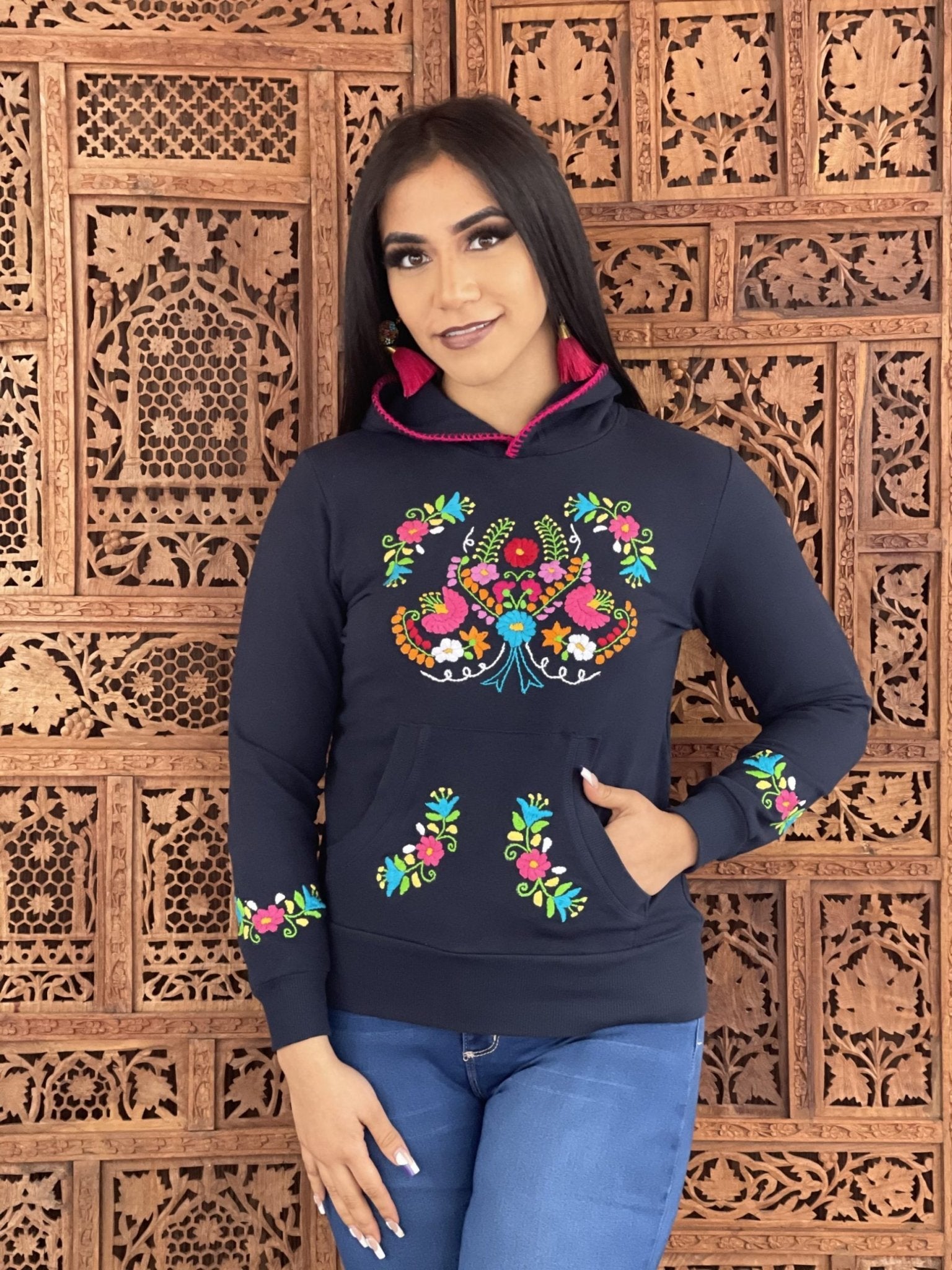 Poblana Hoodie Hand embroidered floral design hoodie, cotton Mexican design hoodie. - Solei Store