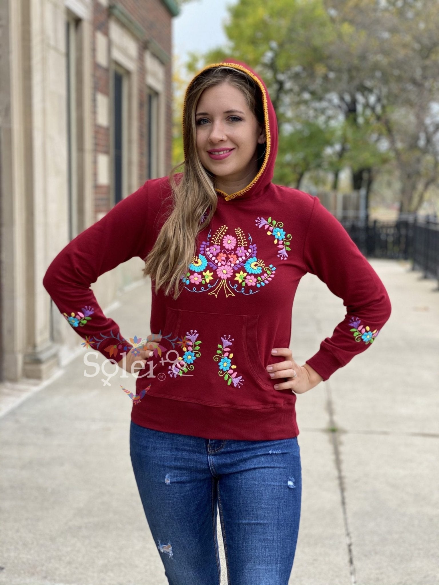 Poblana Hoodie Hand embroidered floral design hoodie, cotton Mexican design hoodie. - Solei Store