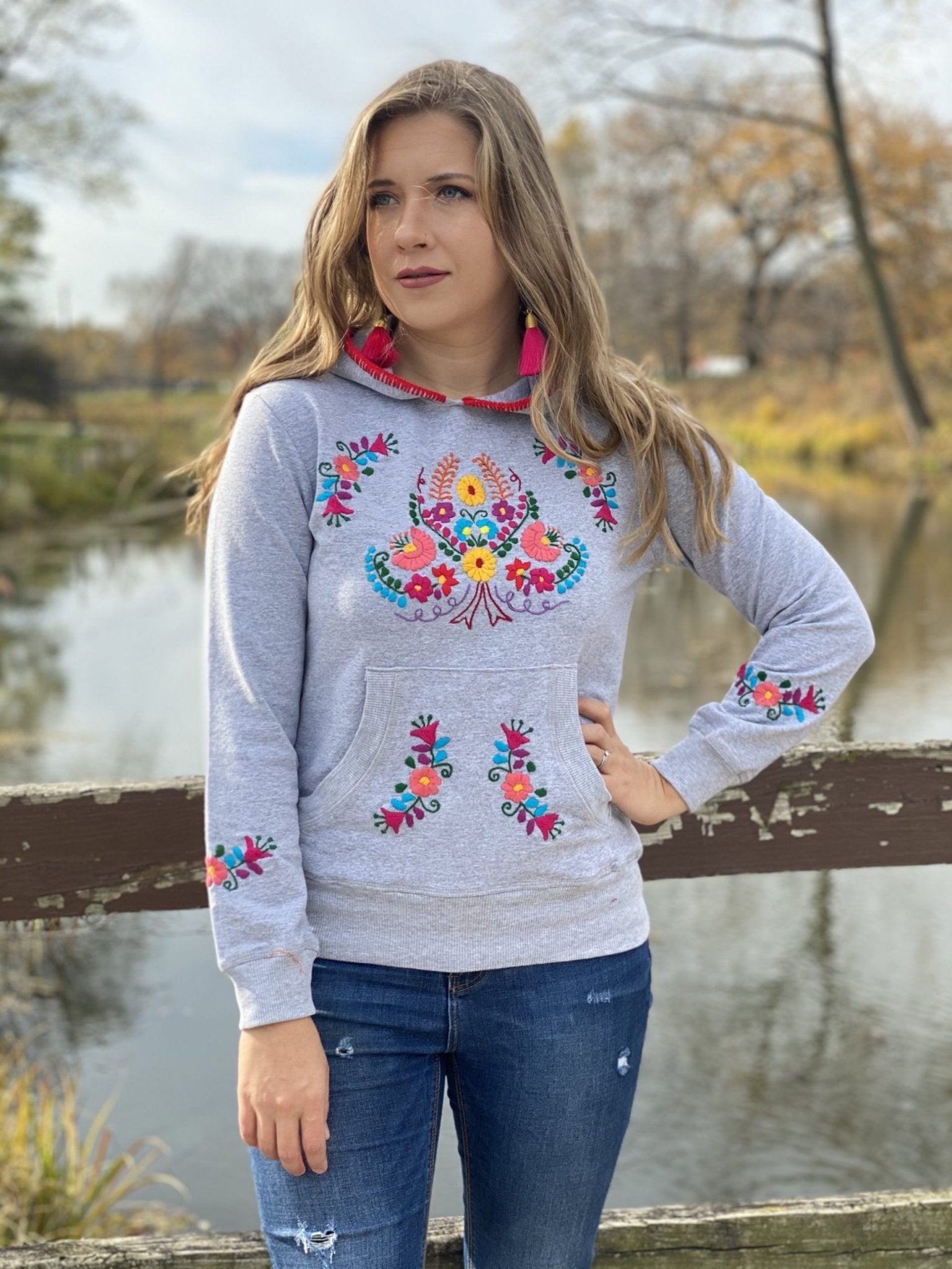 Poblana Hoodie Hand embroidered floral design hoodie, cotton Mexican design hoodie. - Solei Store