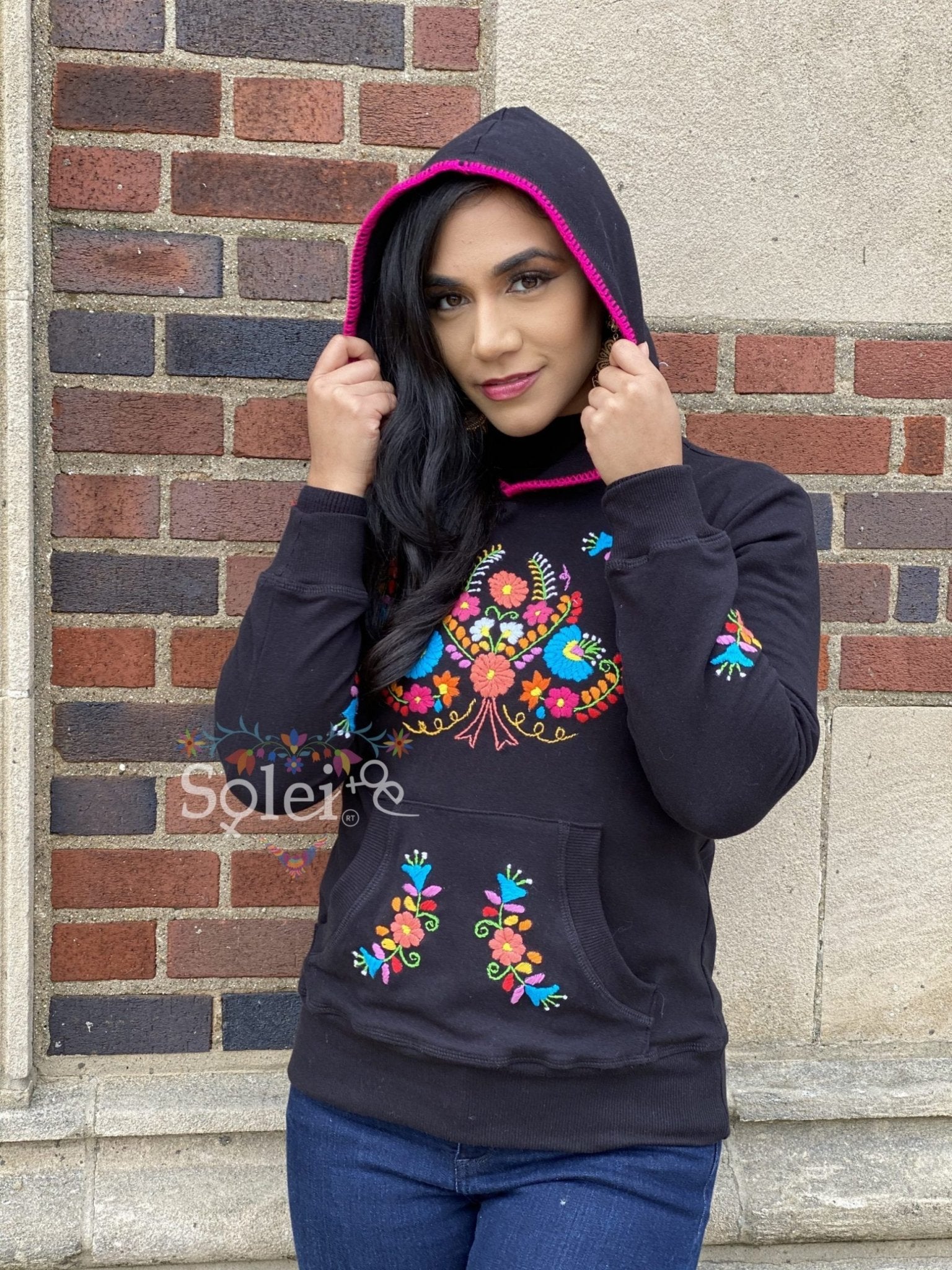 Poblana Hoodie Hand embroidered floral design hoodie, cotton Mexican design hoodie. - Solei Store