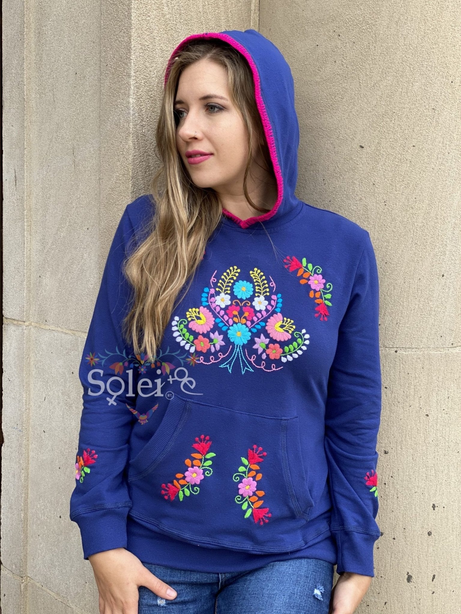 Poblana Hoodie Hand embroidered floral design hoodie, cotton Mexican design hoodie. - Solei Store