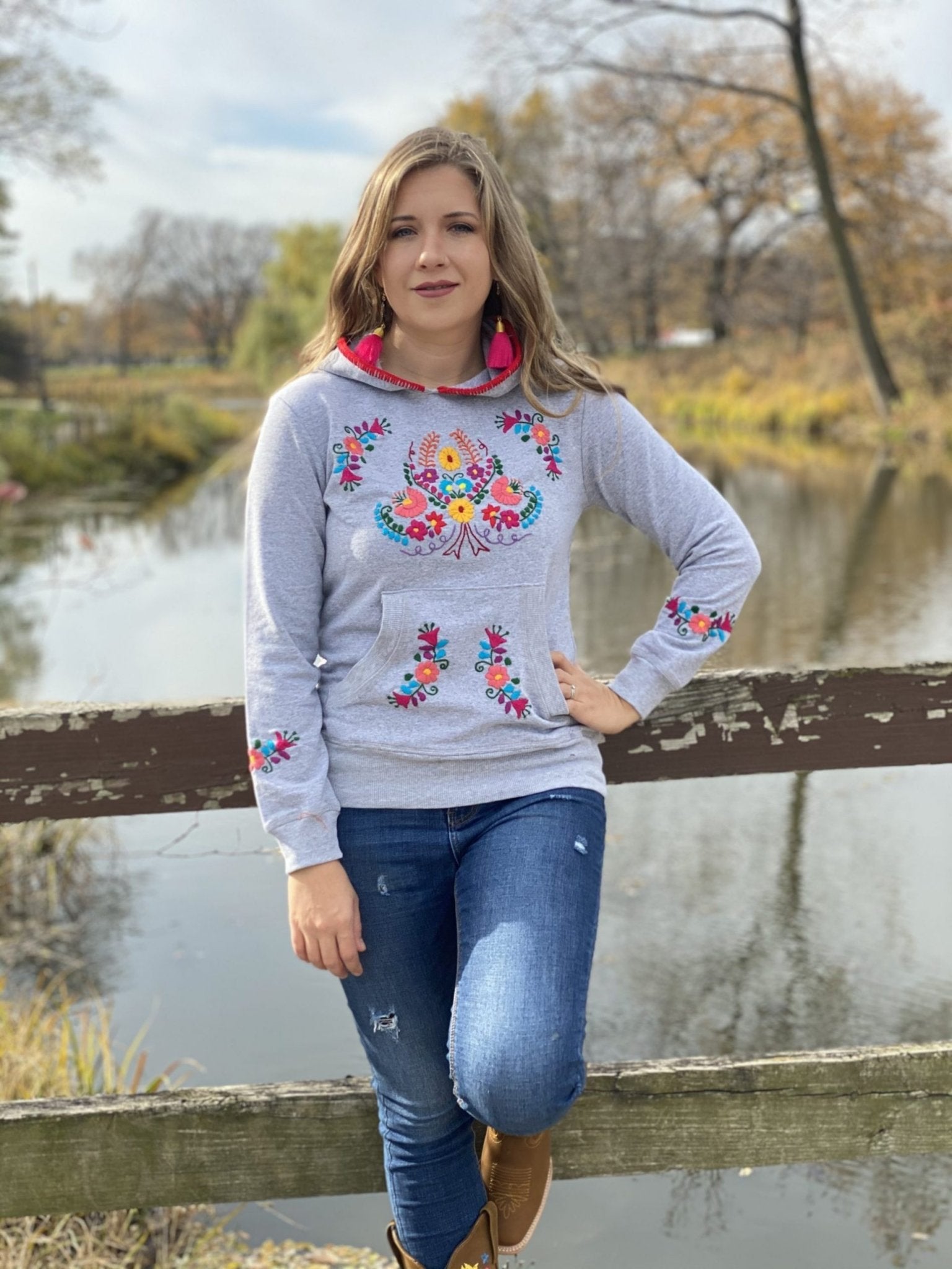 Poblana Hoodie Hand embroidered floral design hoodie, cotton Mexican design hoodie. - Solei Store