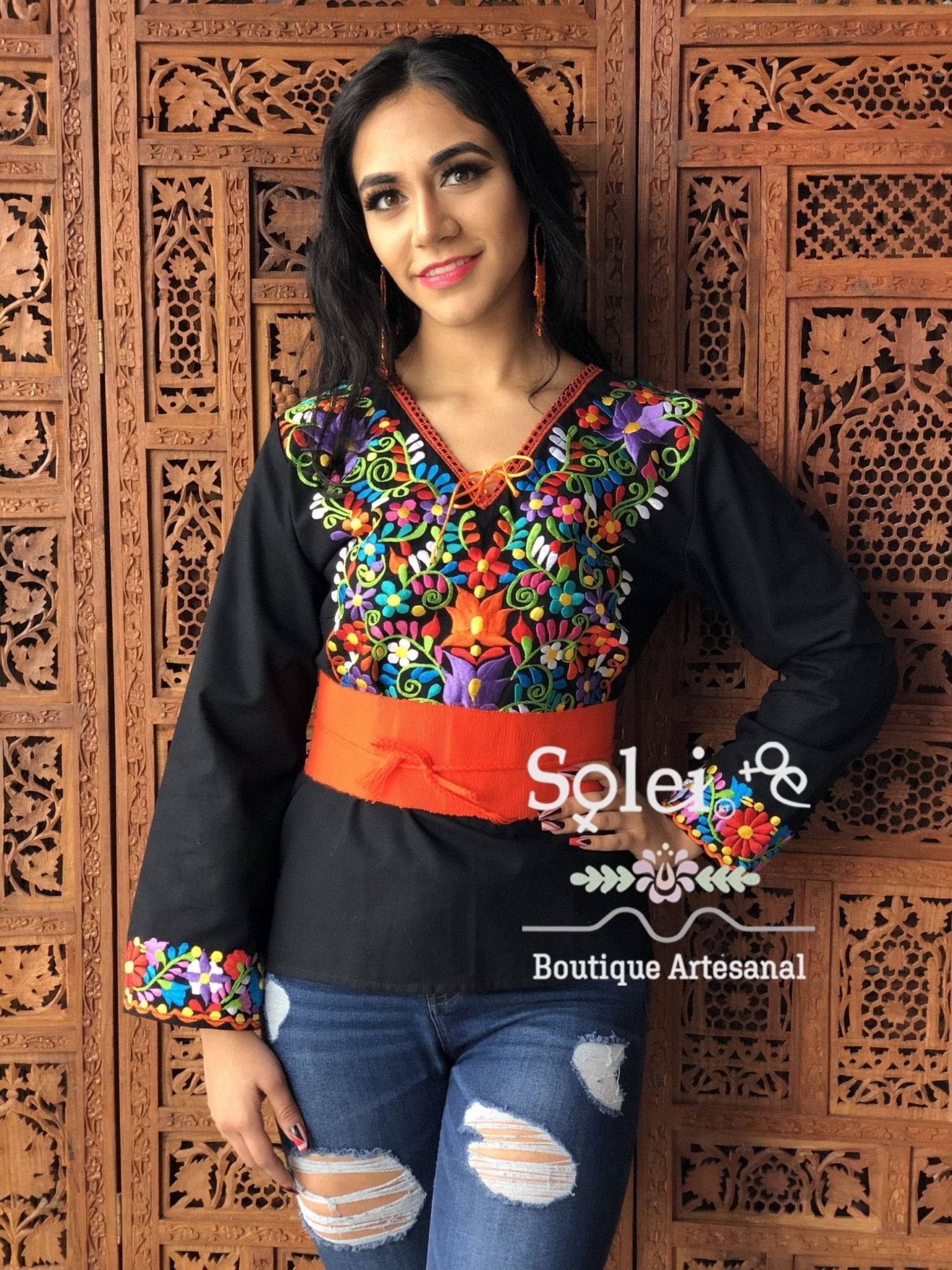 Rebeca Blouse Lace-up V-neck Long Sleeve Blouse. Long sleeves embroidered floral design on the cuffs - Solei Store