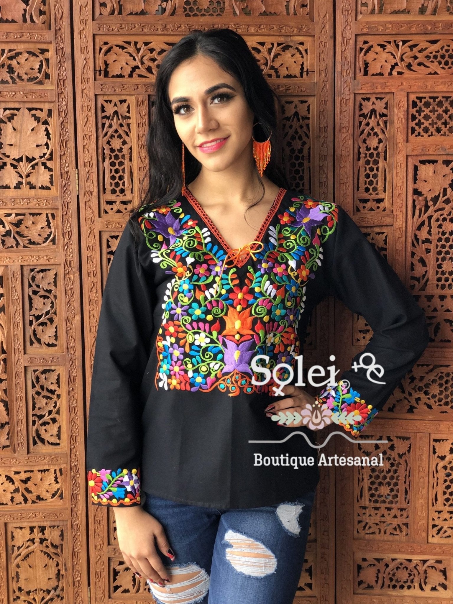 Rebeca Blouse Lace-up V-neck Long Sleeve Blouse. Long sleeves embroidered floral design on the cuffs - Solei Store