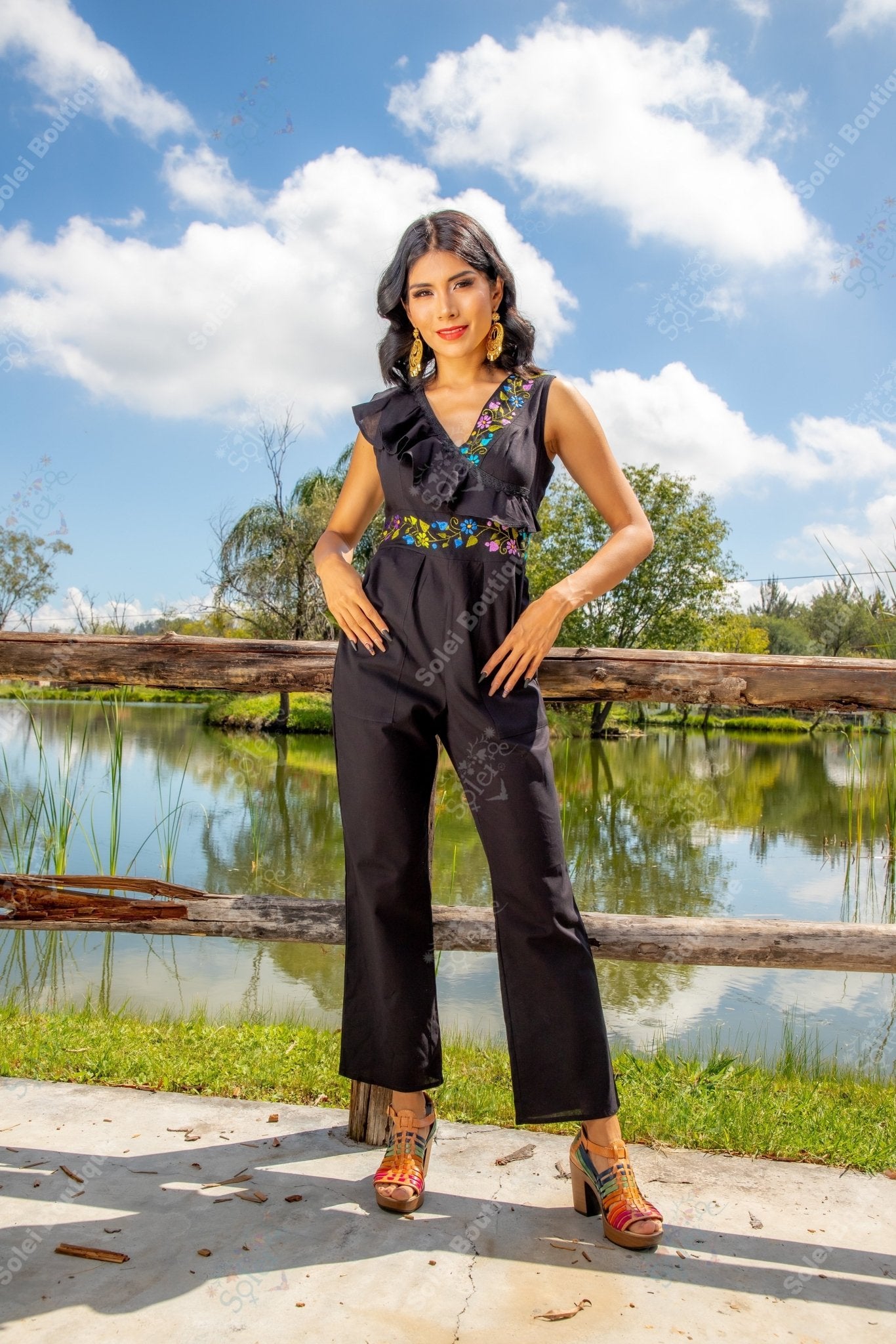 Ruffle Top Mexican Jumpsuit. Hand Embroidered Floral Jumpsuit. Jumpsuit Escarola. - Solei Store