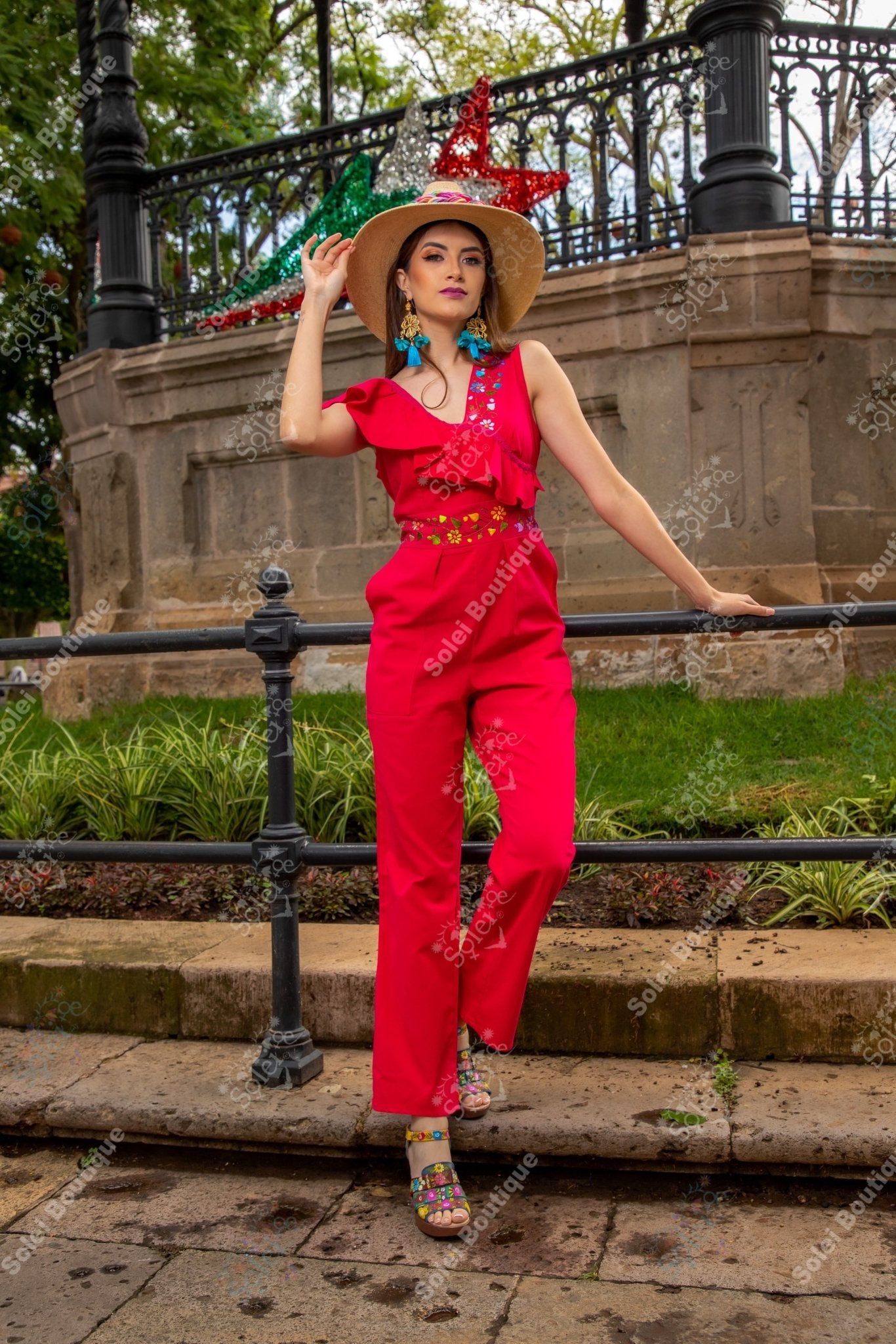 Ruffle Top Mexican Jumpsuit. Hand Embroidered Floral Jumpsuit. Jumpsuit Escarola. - Solei Store