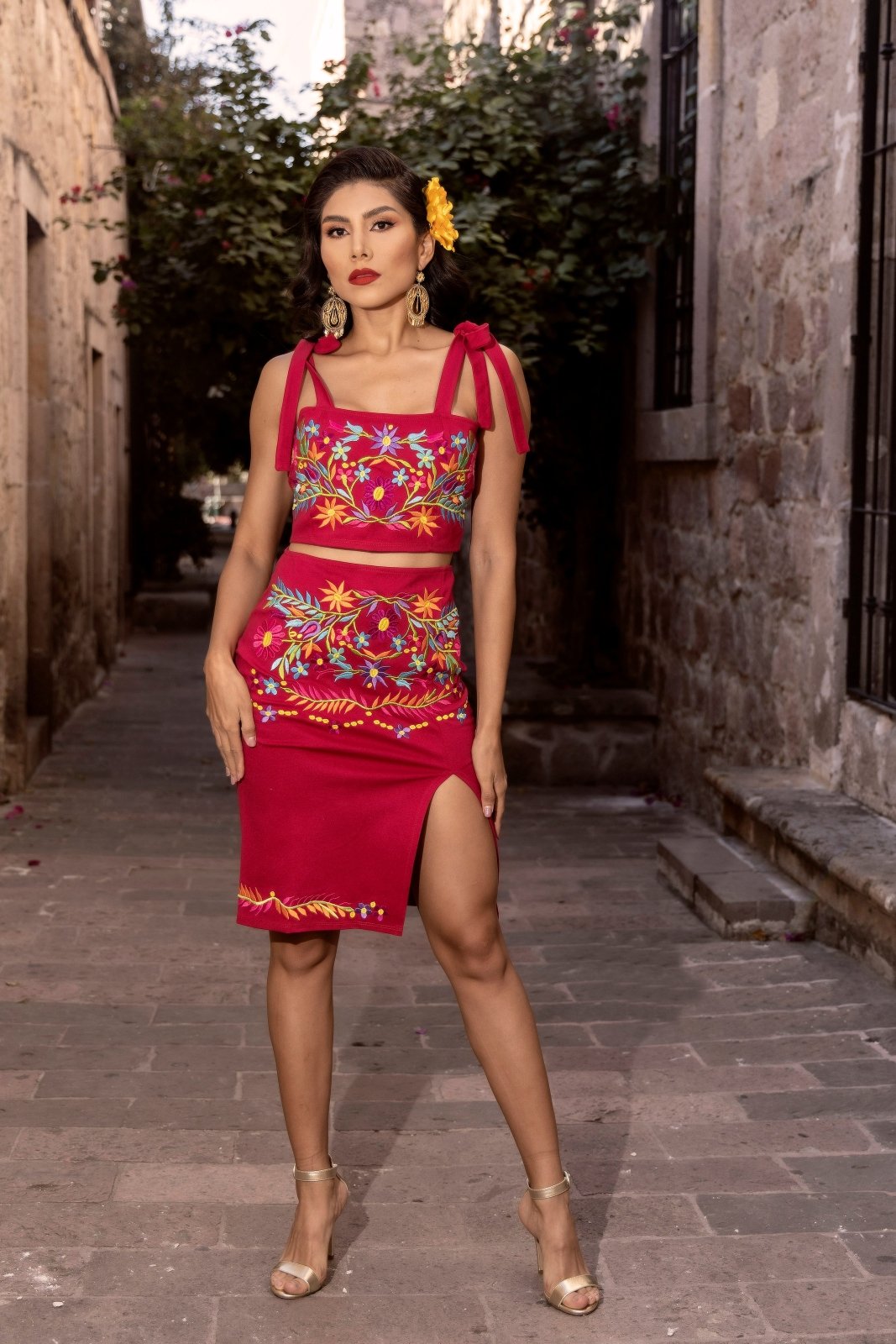 Mexican Floral Embroidered 2 Piece Set in Red with Multicolor Embroidery