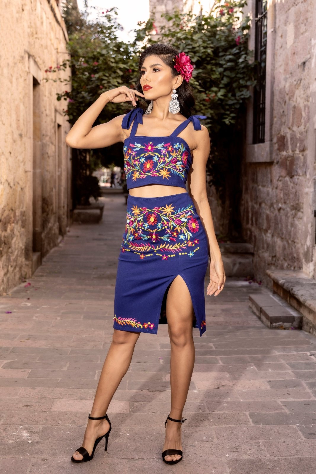 Mexican Floral Embroidered 2 Piece Set in Royal Blue with Multicolor Embroidery