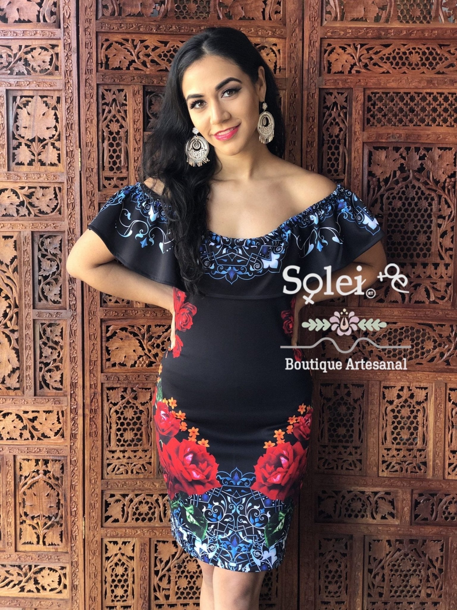 Short Floral Print Dress. Off the Shoulder Dress. Form Fitting Dress. Mexican Floral Dress. - Solei Store