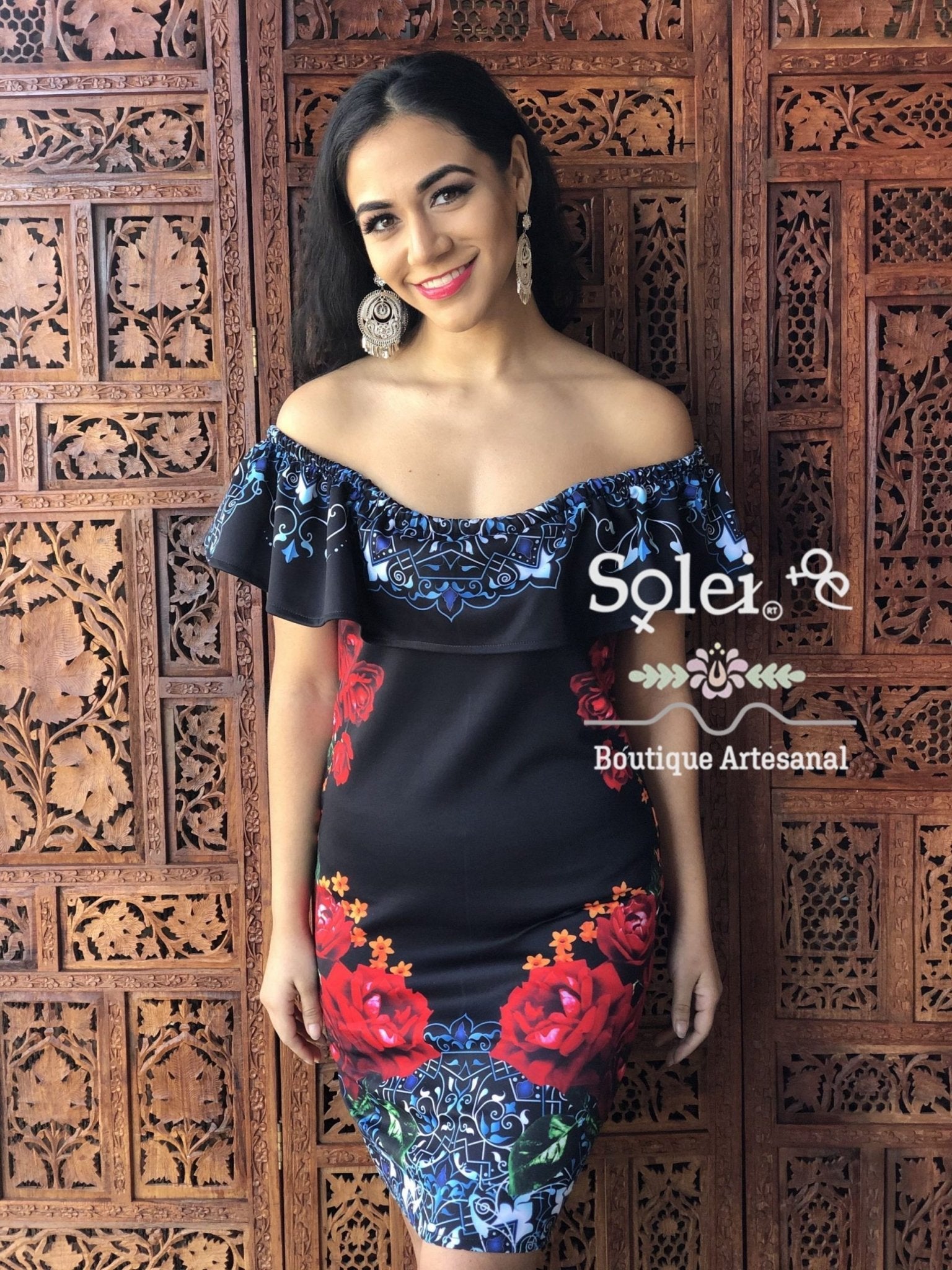 Short Floral Print Dress. Off the Shoulder Dress. Form Fitting Dress. Mexican Floral Dress. - Solei Store