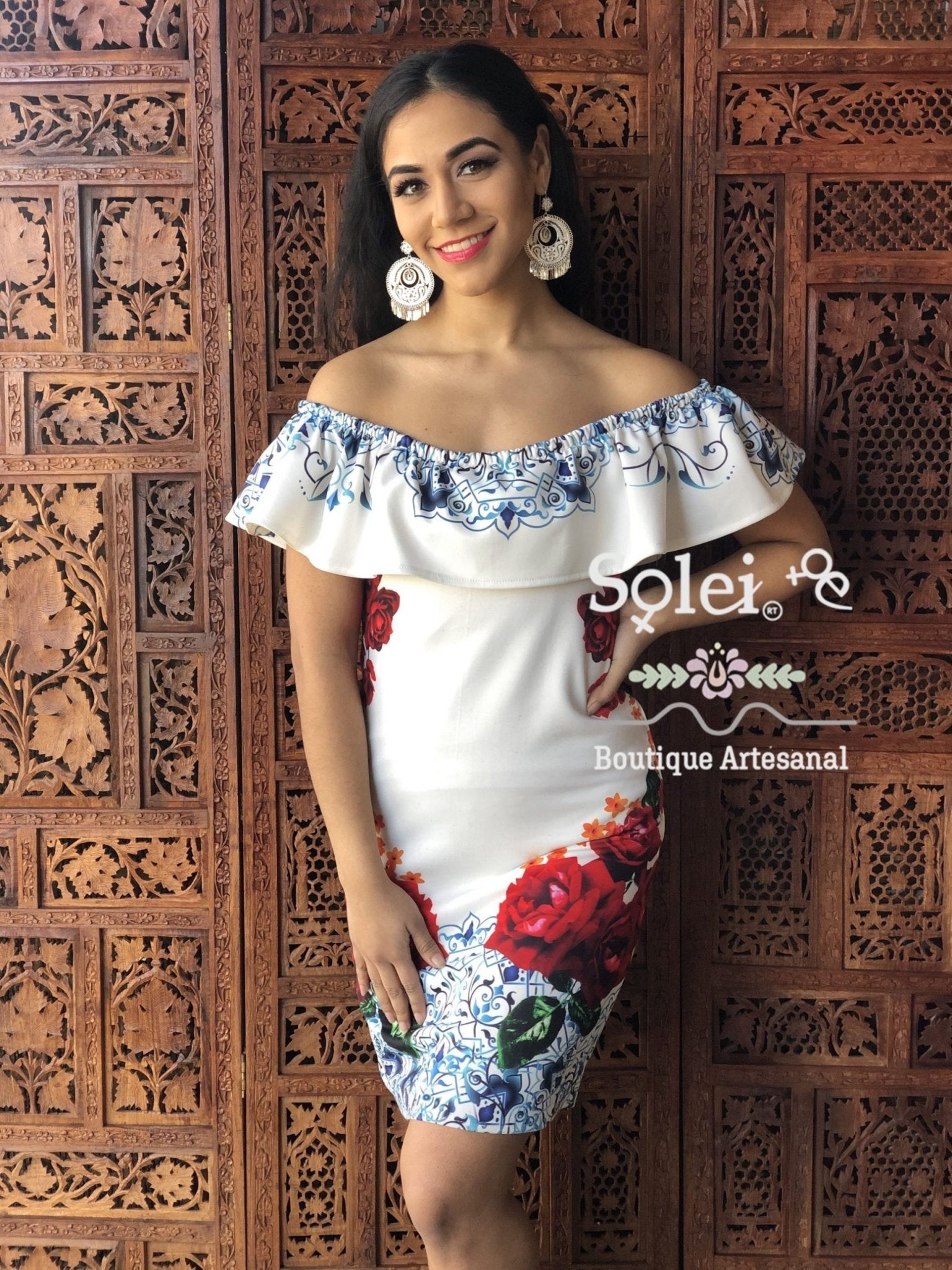 Short Floral Print Dress. Off the Shoulder Dress. Form Fitting Dress. Mexican Floral Dress. - Solei Store