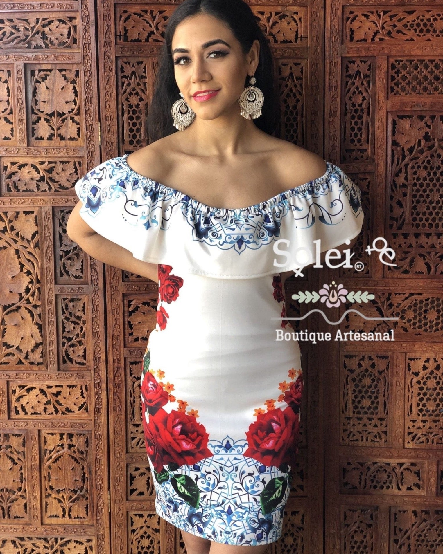 Short Floral Print Dress. Off the Shoulder Dress. Form Fitting Dress. Mexican Floral Dress. - Solei Store
