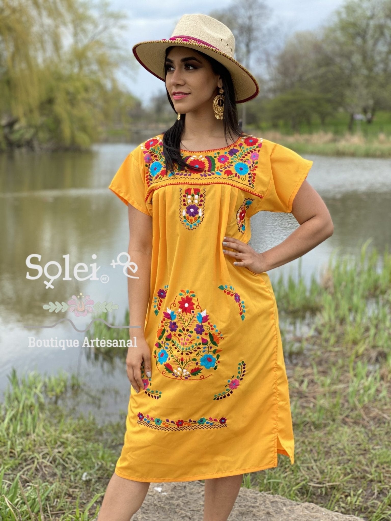 Short sleeve Tunic Dress, Mexican hand embroidered floral dress. - Solei Store