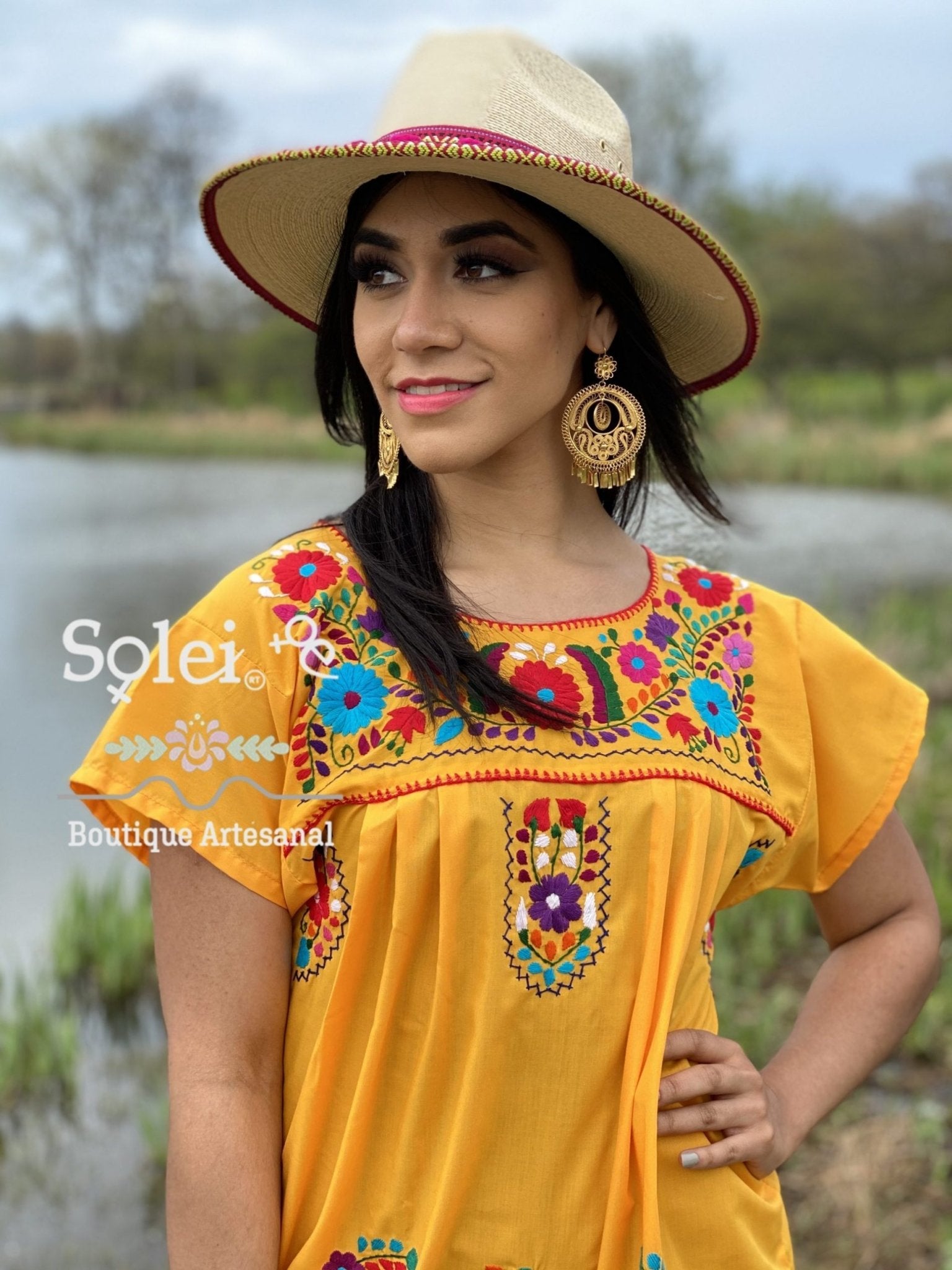 Short sleeve Tunic Dress, Mexican hand embroidered floral dress. - Solei Store