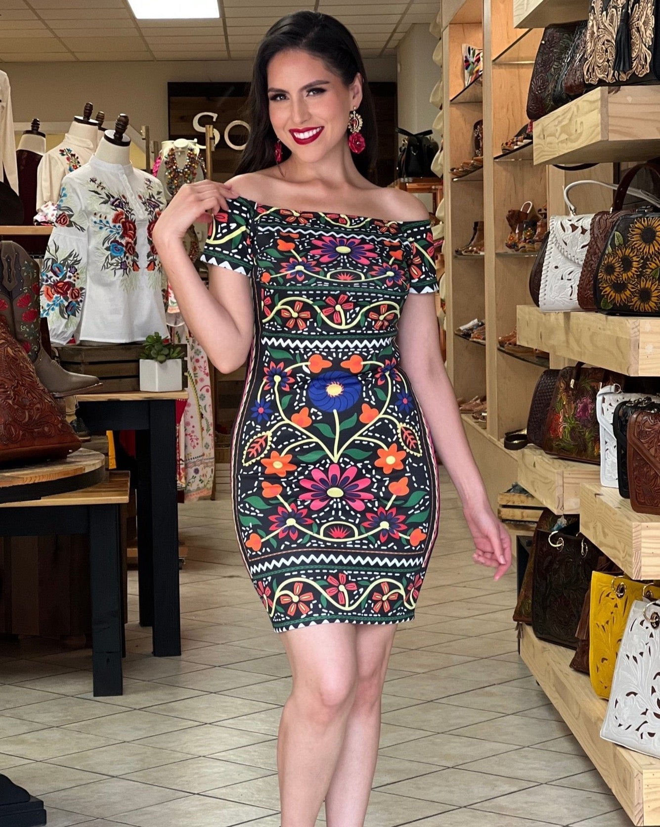 Sublimated short dress with Mexican floral print. Michoacan dress. - Solei Store