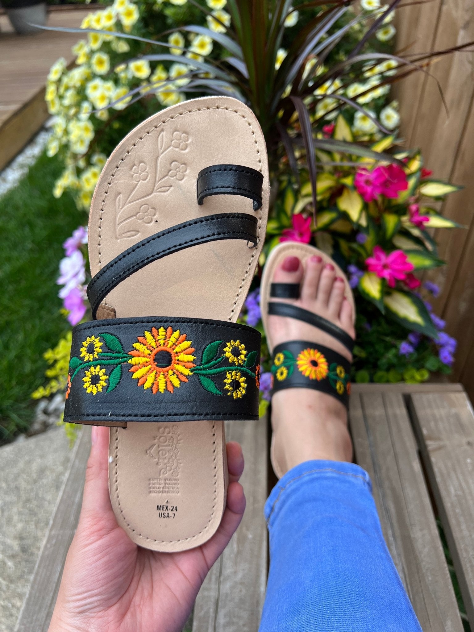 Sunflower Embroidered Double Strap Sandals. Chancla Raquel Girasol. - Solei Store