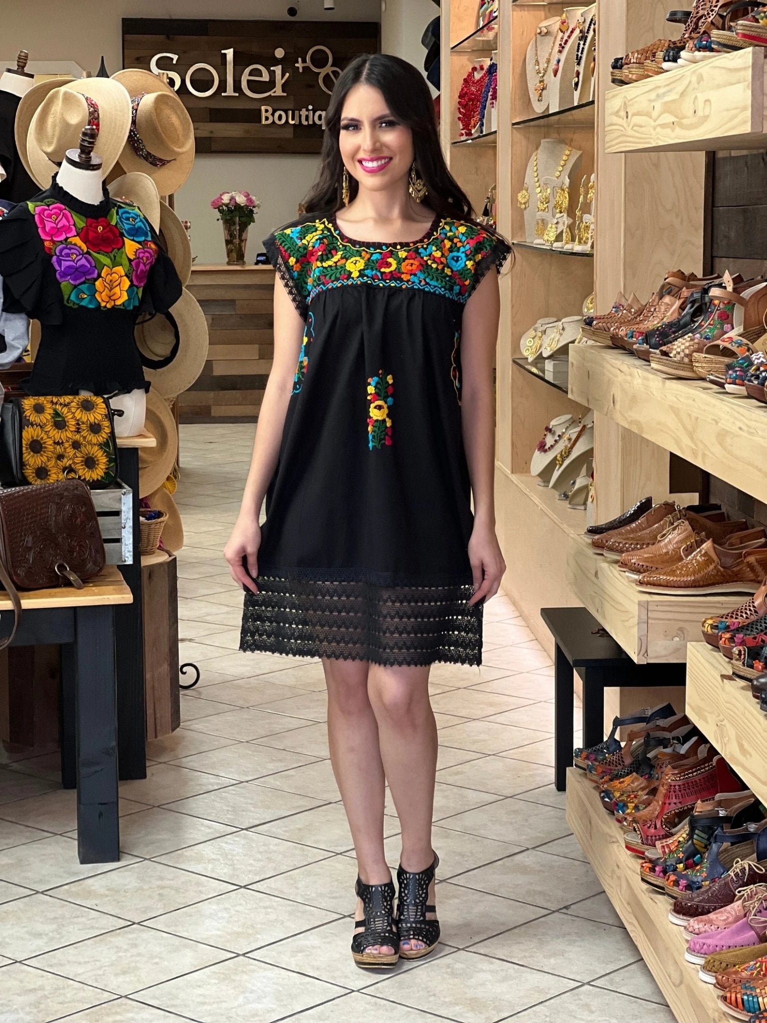 Traditional Mexican Artisanal Hand Embroidered Floral Dress. Vestido Lina - Solei Store