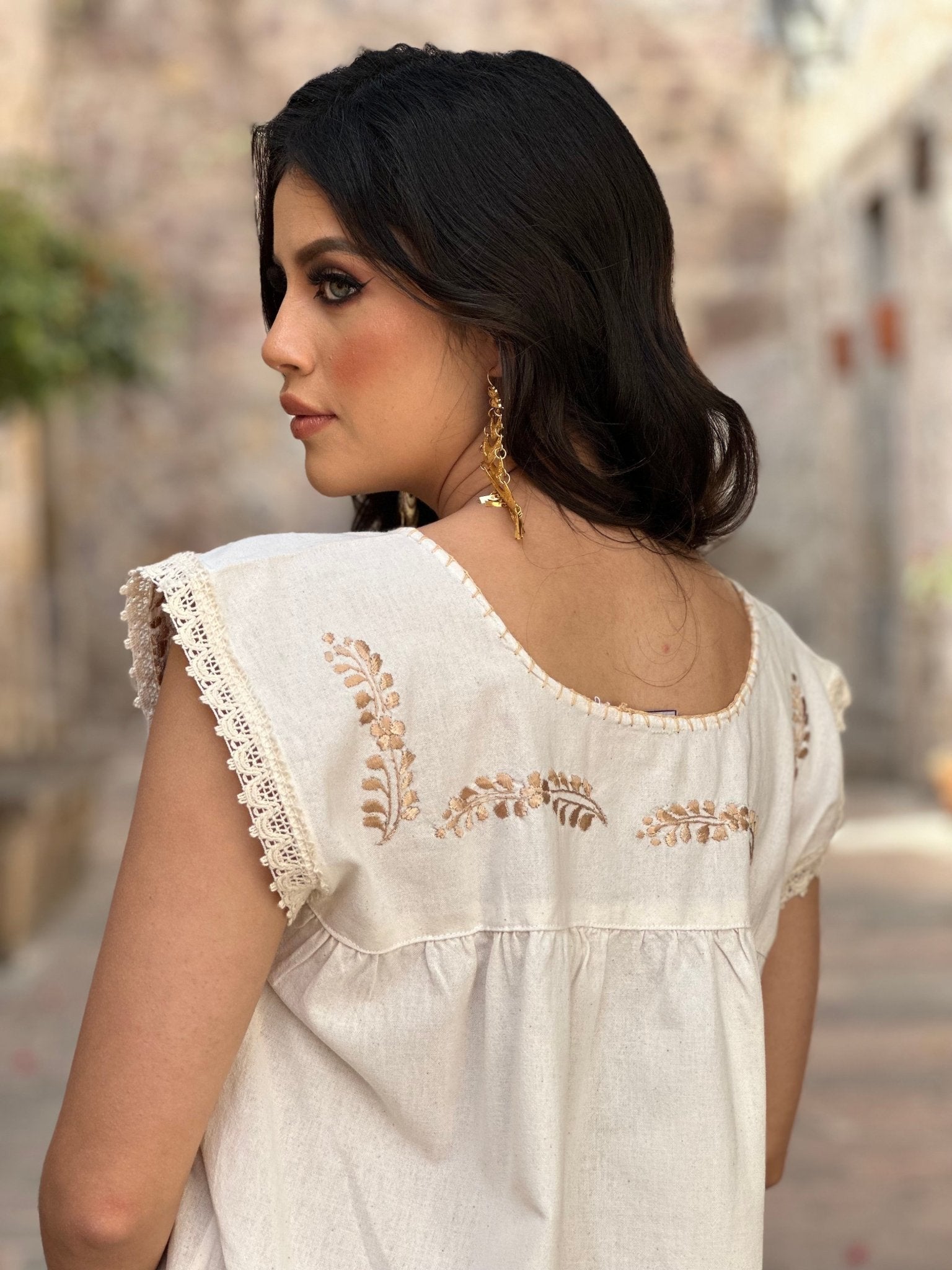 Traditional Mexican Artisanal Hand Embroidered Golden Dress. Lina Golden Dress - Solei Store