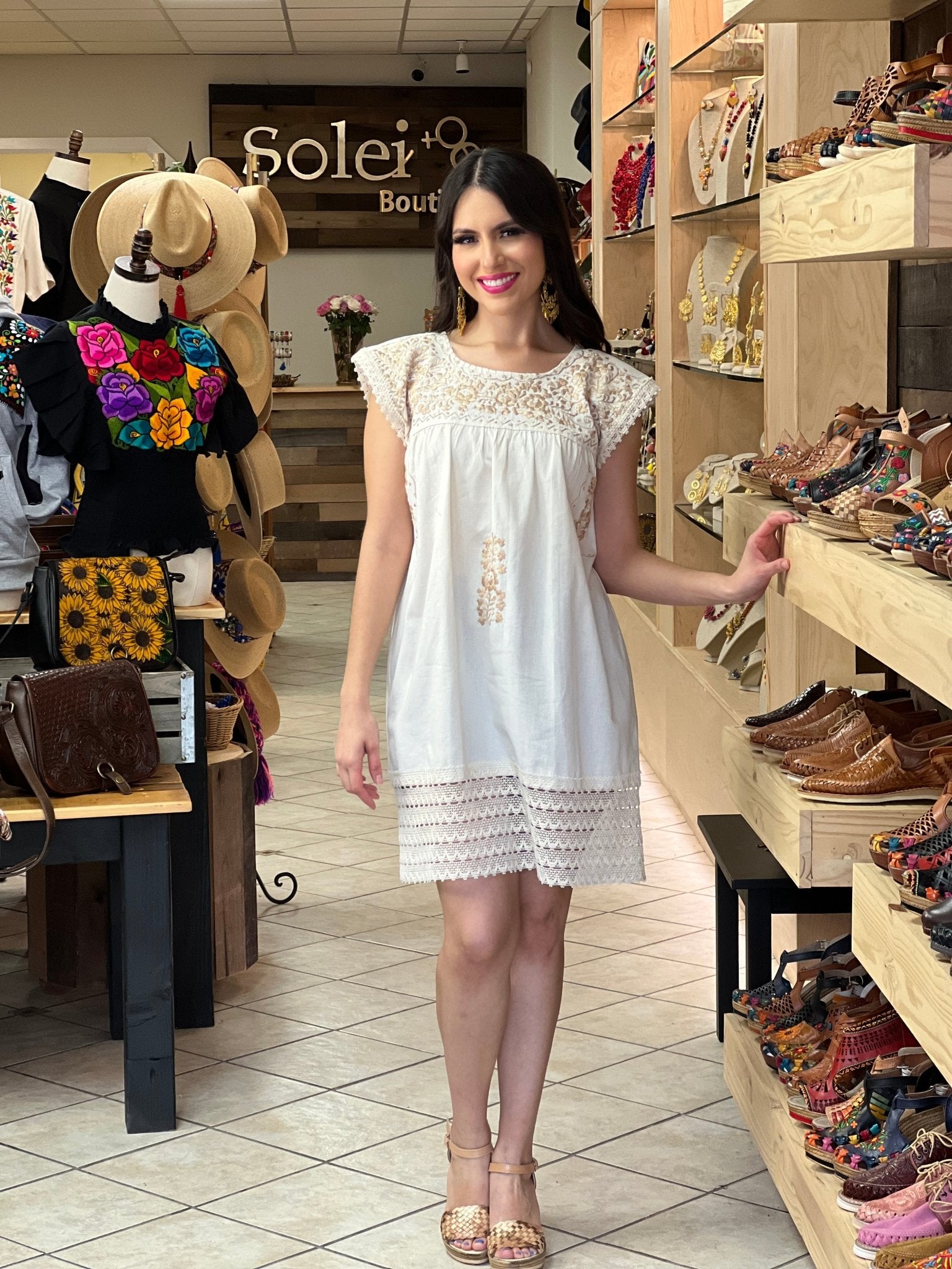 Traditional Mexican Artisanal Hand Embroidered Golden Dress. Vestido Lina Dorado - Solei Store