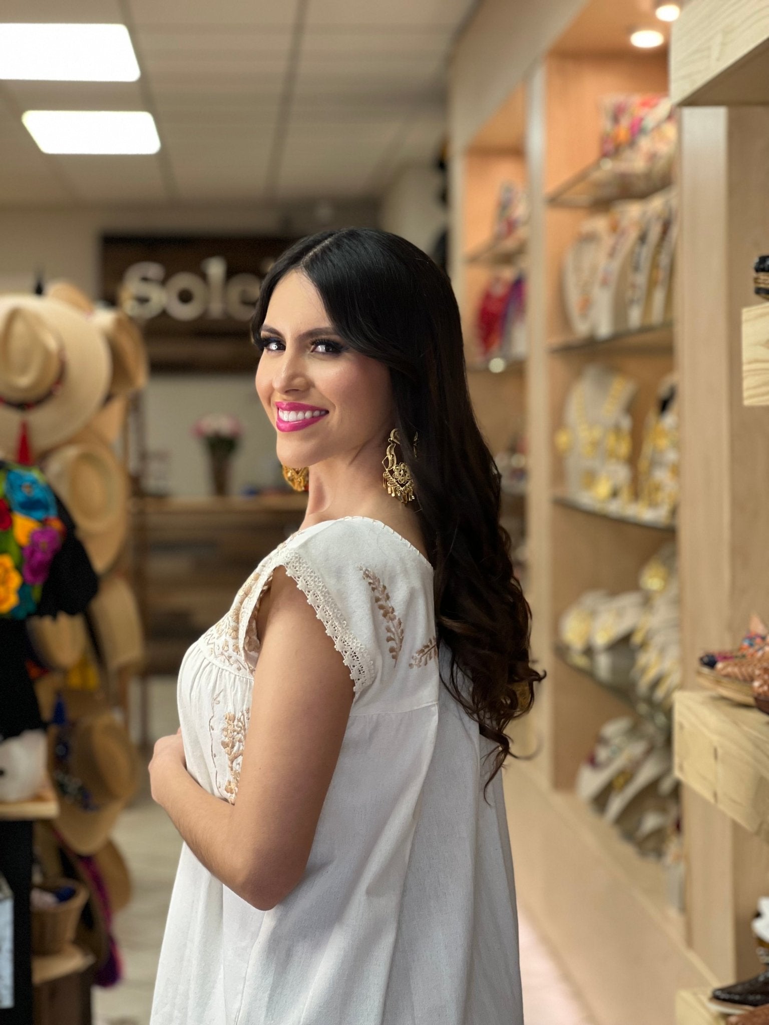 Traditional Mexican Artisanal Hand Embroidered Golden Dress. Vestido Lina Dorado - Solei Store