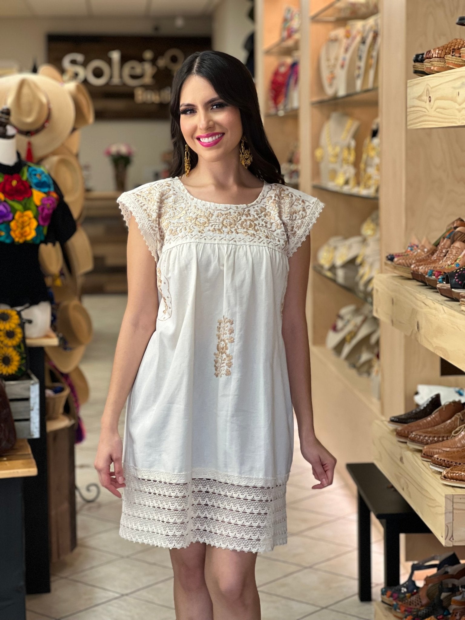 Traditional Mexican Artisanal Hand Embroidered Golden Dress. Vestido Lina Dorado - Solei Store