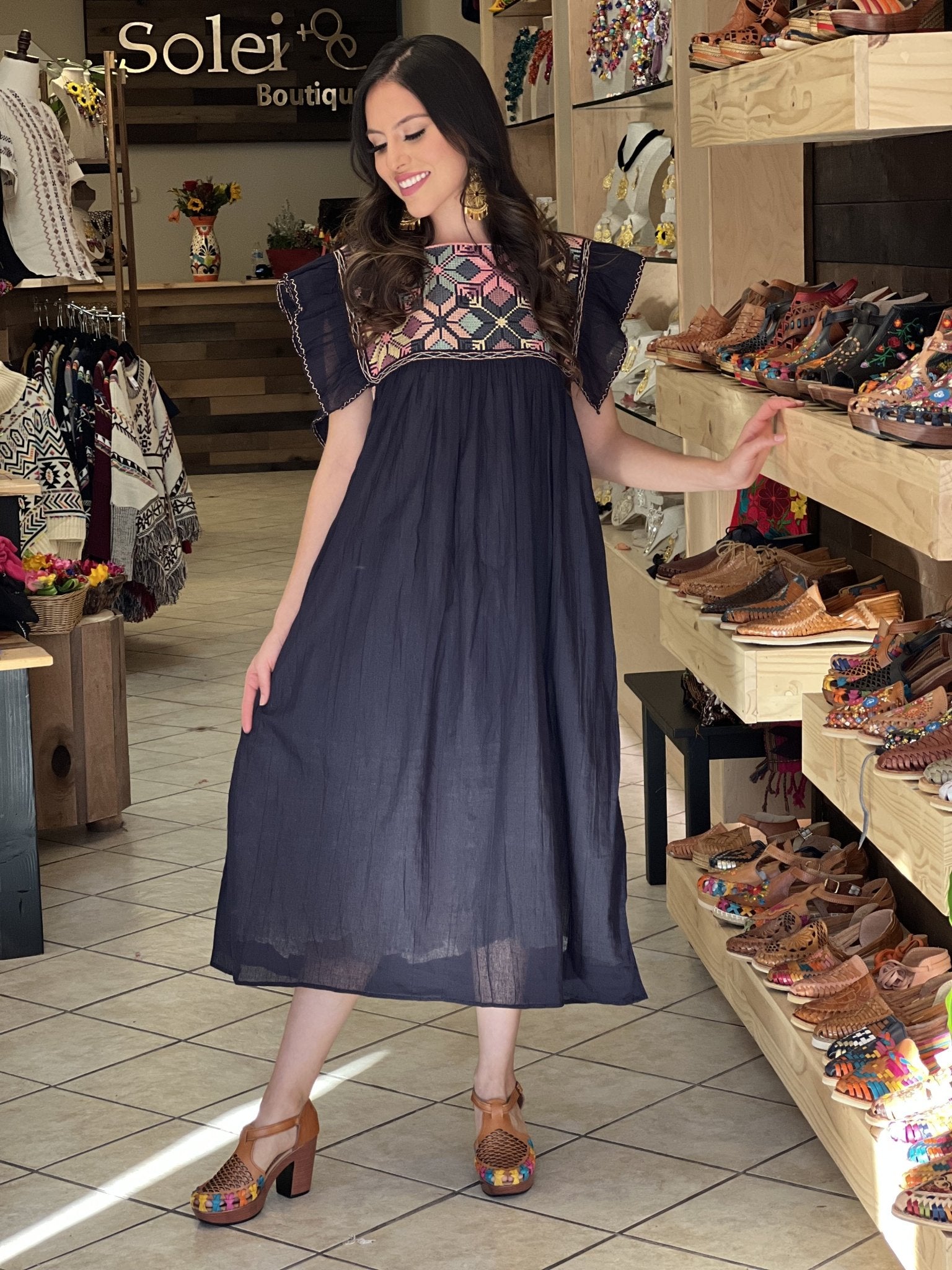 Traditional Mexican Dress. Embroidered Dress Made on a Loom. Larissa Estrella Dress - Solei Store