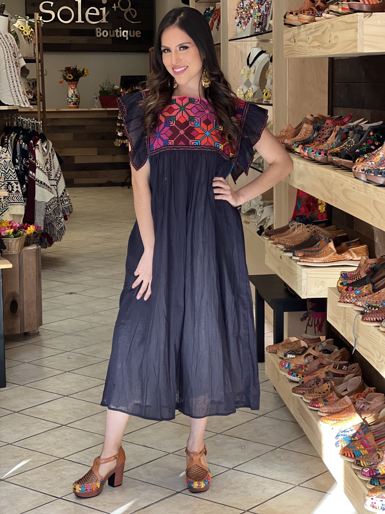 Traditional Mexican Dress. Embroidered Tunic Dress Made on a Loom. Larissa Estrella Dress - Solei Store