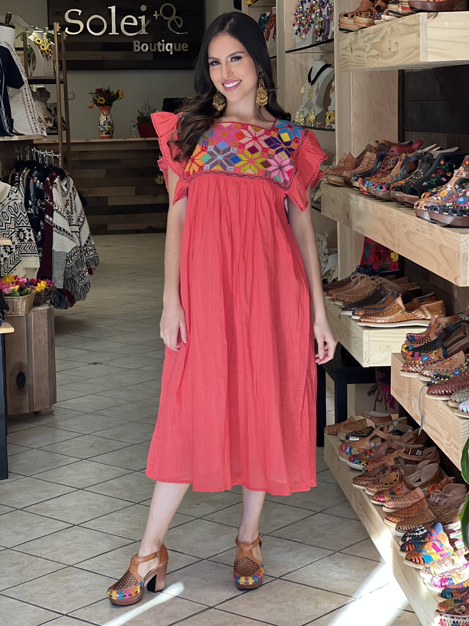 Traditional Mexican Dress. Embroidered Tunic Dress Made on a Loom. Larissa Estrella Dress - Solei Store