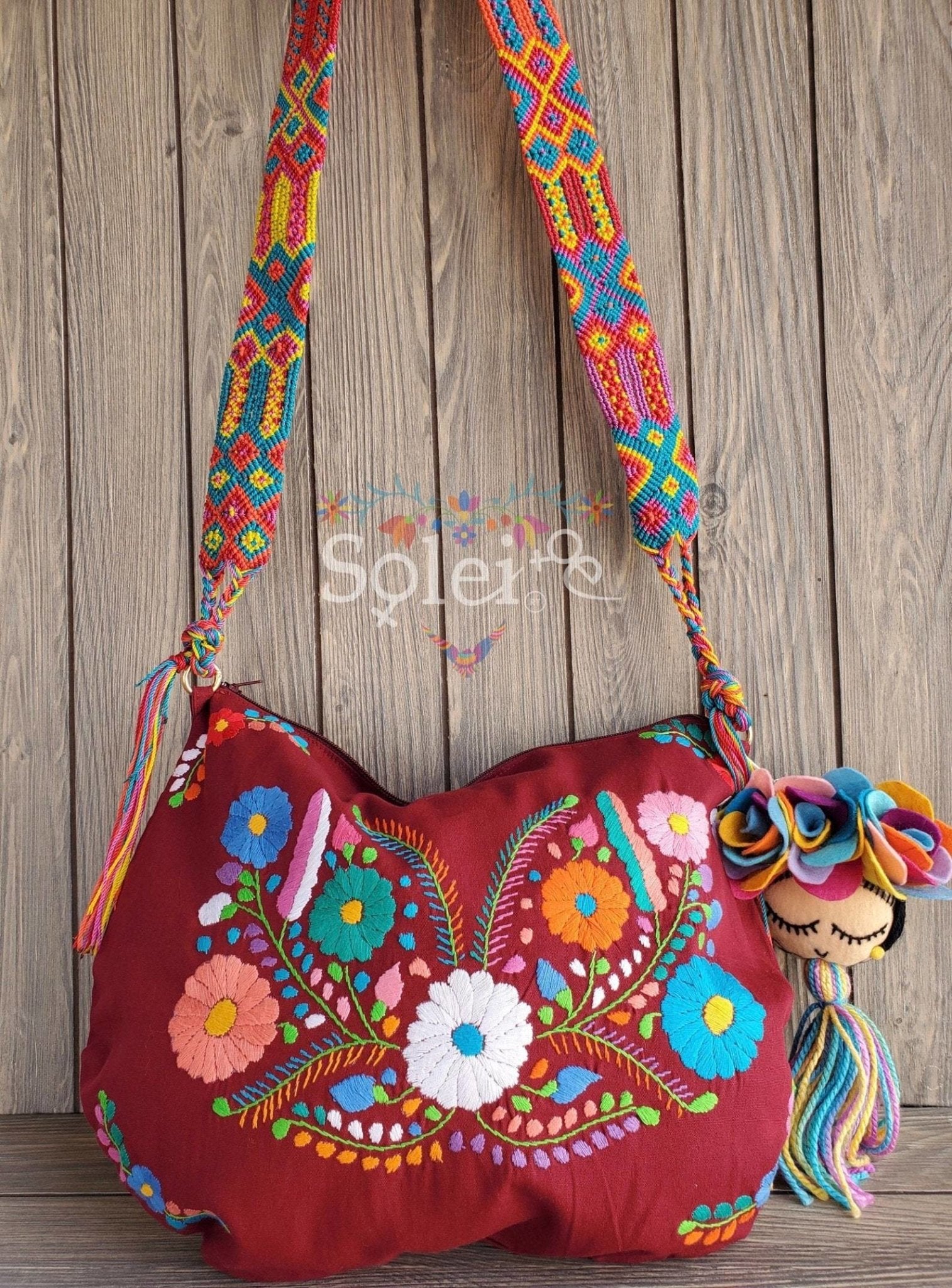 Traditional Mexican Embroidered Bag with Frida Kahlo Tassel. Morral Tehuacan with Frida Kahlo Tassel - Solei Store