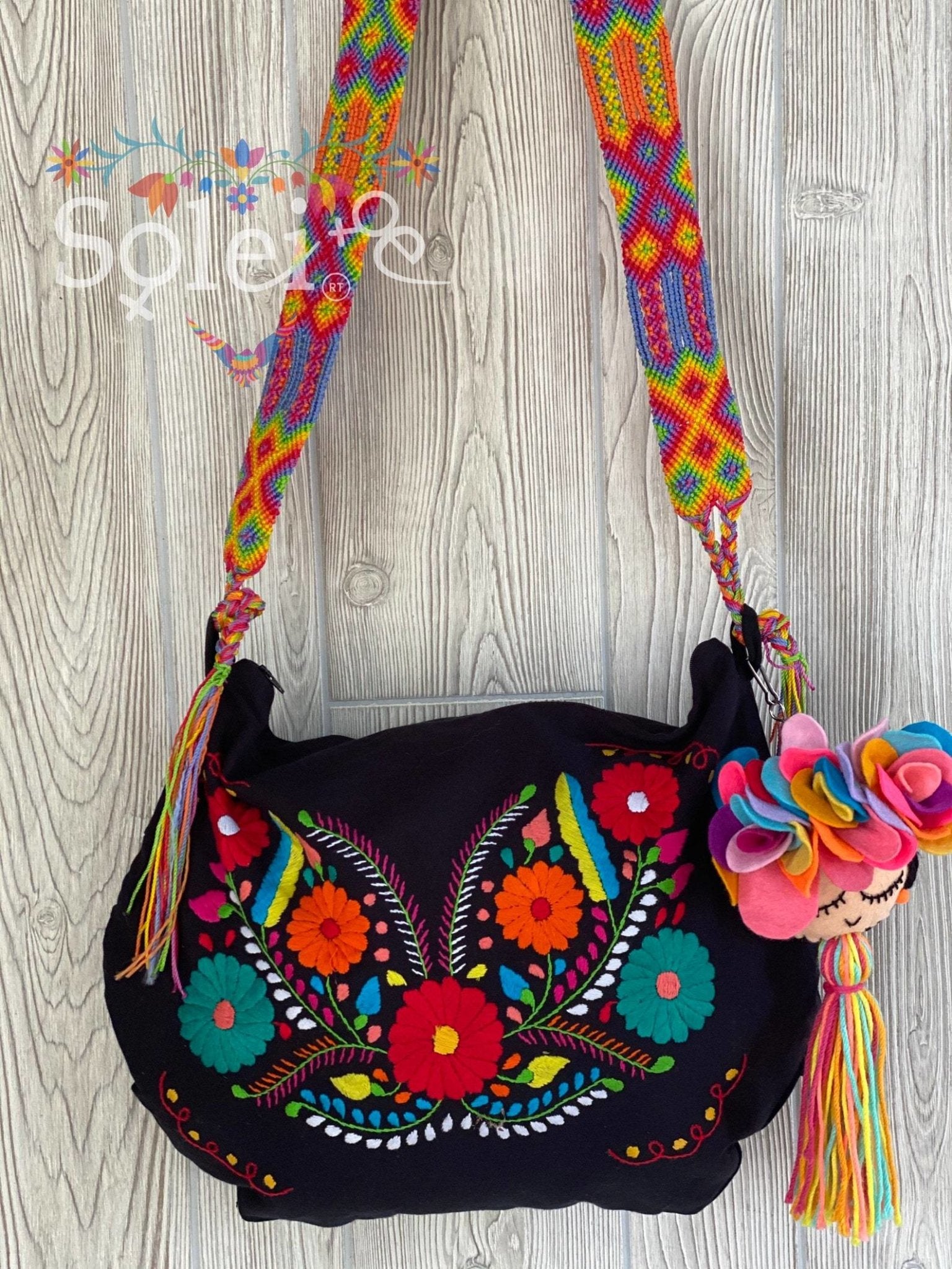 Traditional Mexican Embroidered Bag with Frida Kahlo Tassel. Morral Tehuacan with Frida Kahlo Tassel - Solei Store