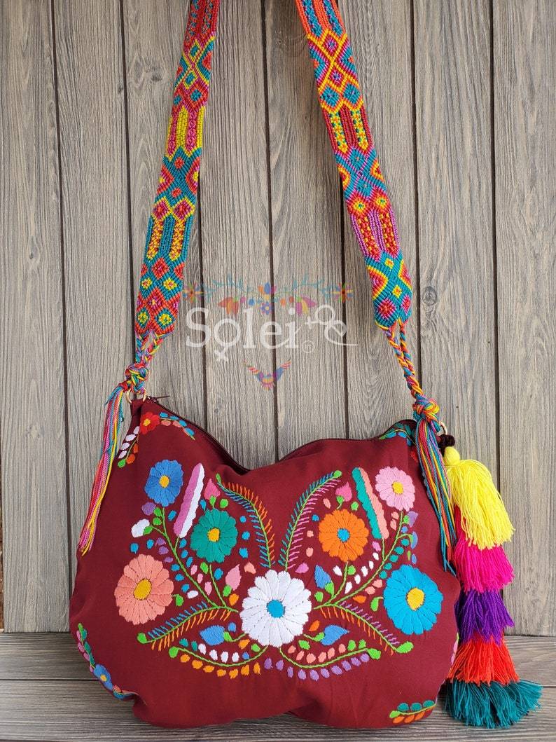 Traditional Mexican Embroidered Bag with PomPom Tassel. Morral Tehuacan with PomPom Tassel - Solei Store