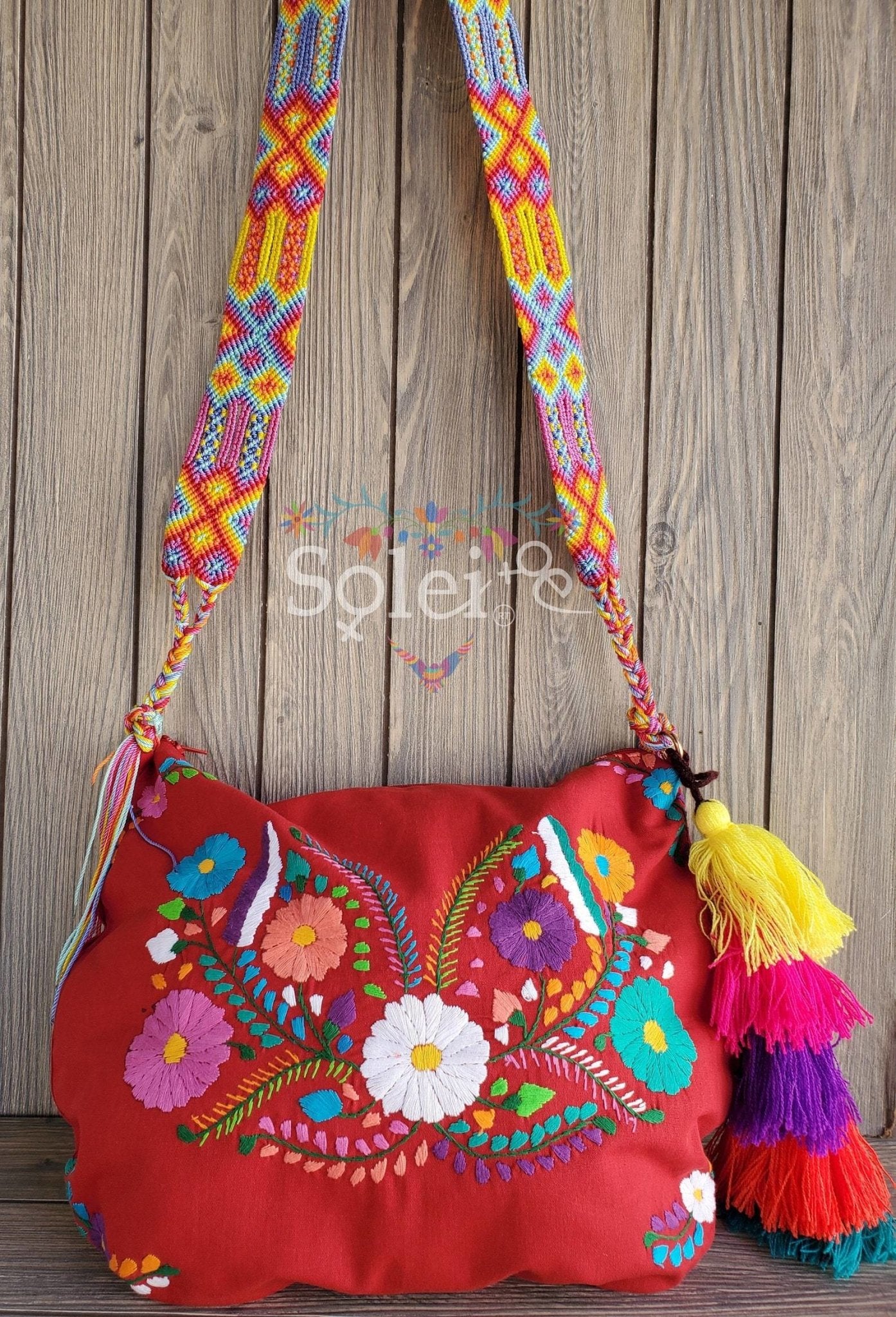 Traditional Mexican Embroidered Bag with PomPom Tassel. Morral Tehuacan with PomPom Tassel - Solei Store