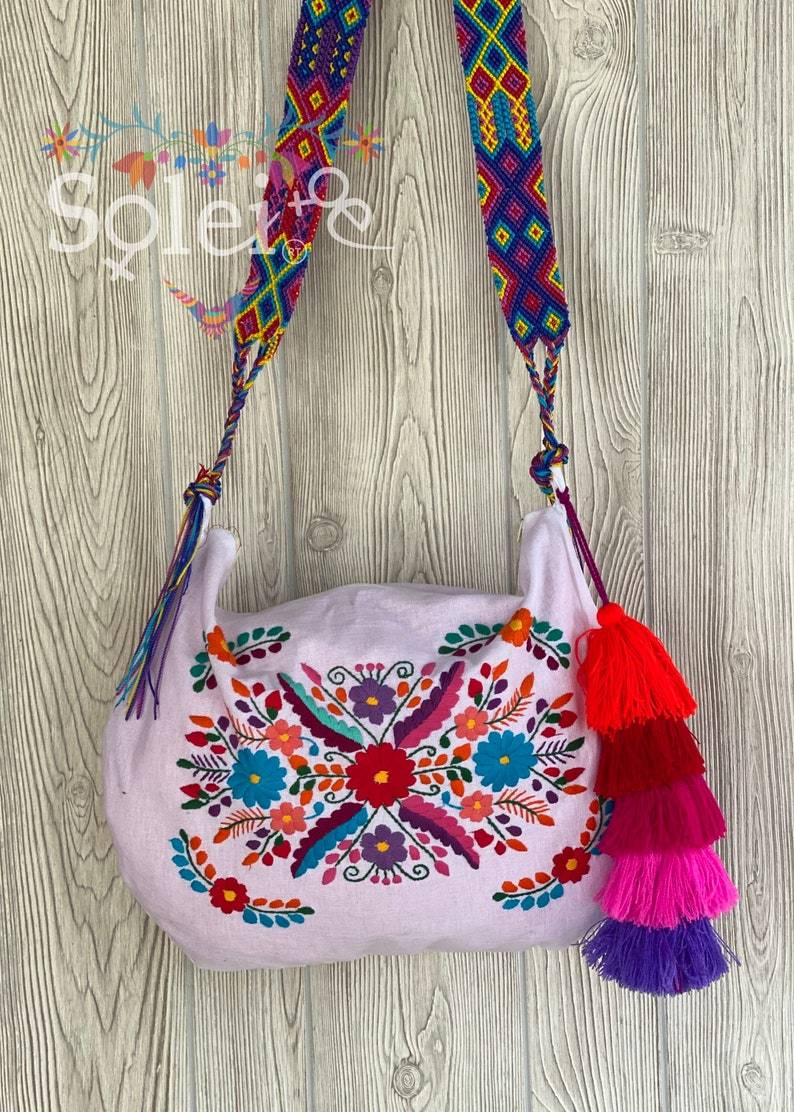 Traditional Mexican Embroidered Bag with PomPom Tassel. Morral Tehuacan with PomPom Tassel - Solei Store