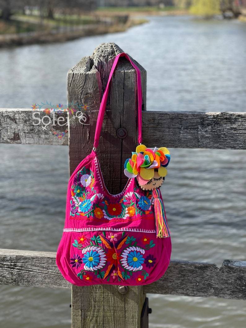 Traditional Mexican Floral Embroidered Bag. Morral Solei with Frida Tassel - Solei Store