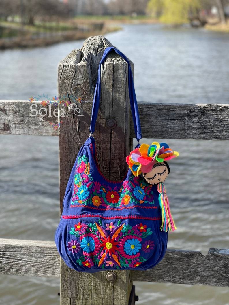 Traditional Mexican Floral Embroidered Bag. Morral Solei with Frida Tassel - Solei Store