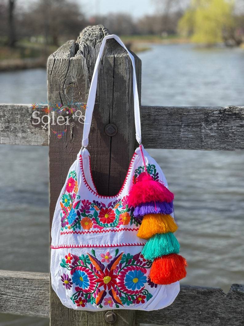 Traditional Mexican Floral Embroidered Bag. Morral Solei with PomPom Tassel - Solei Store