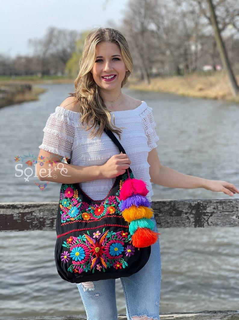 Traditional Mexican Floral Embroidered Bag. Morral Solei with PomPom Tassel - Solei Store