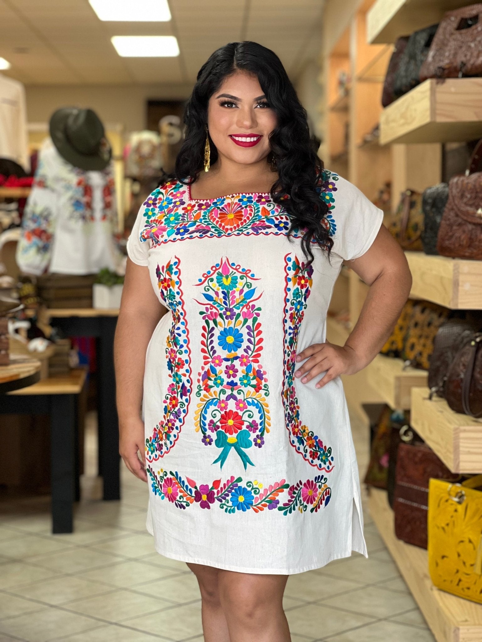 Colorful Mexican Embroidered Dress in White