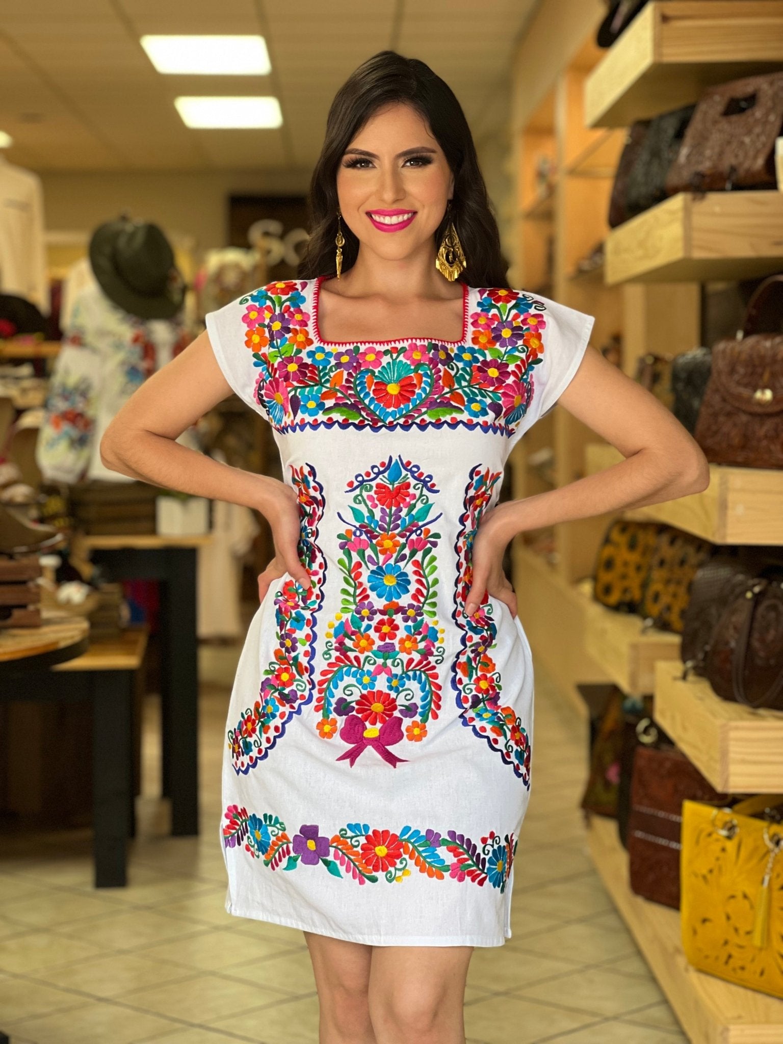 Colorful Mexican Embroidered Dress in White