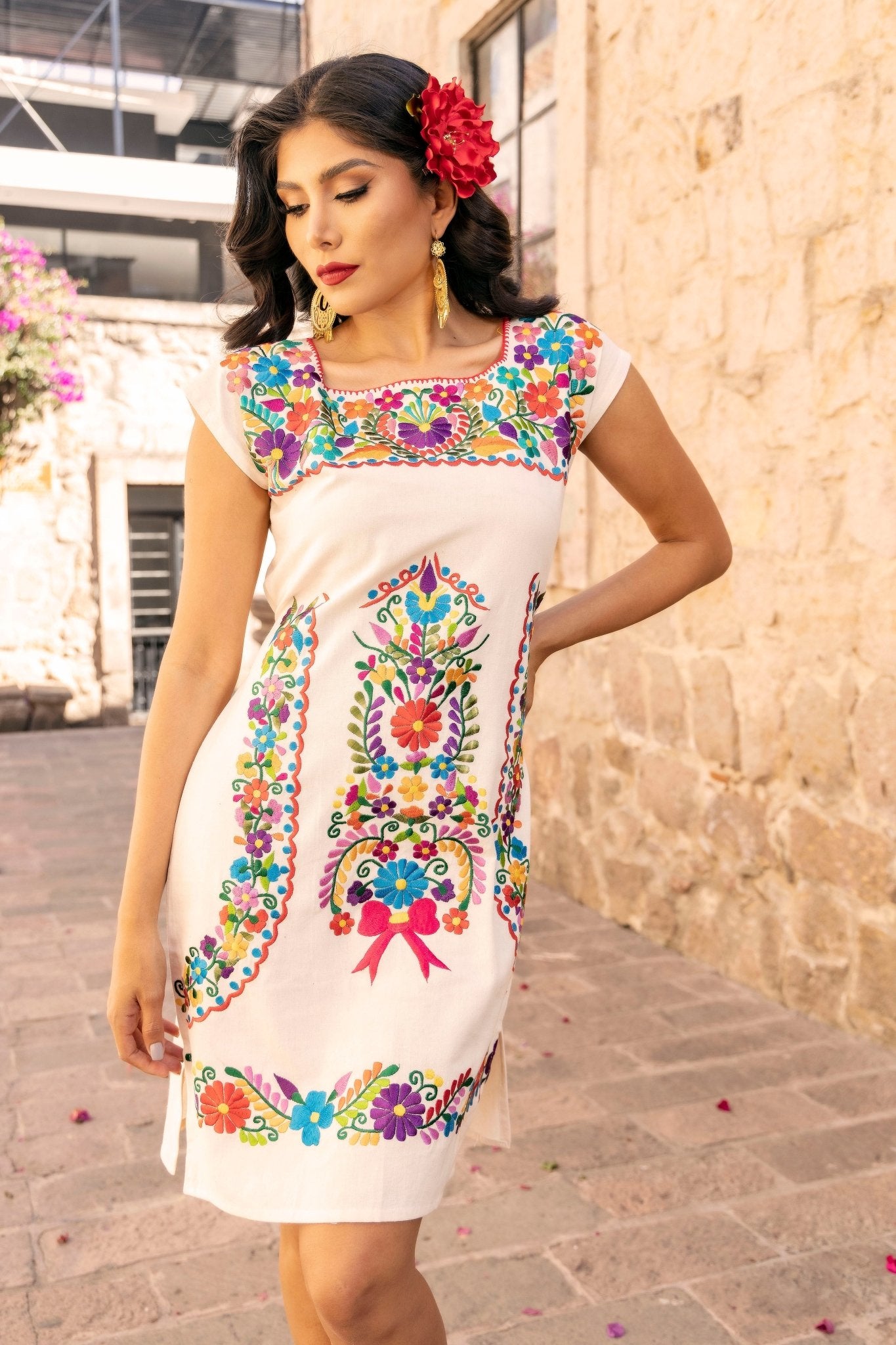 Colorful Mexican Embroidered Dress in Beige