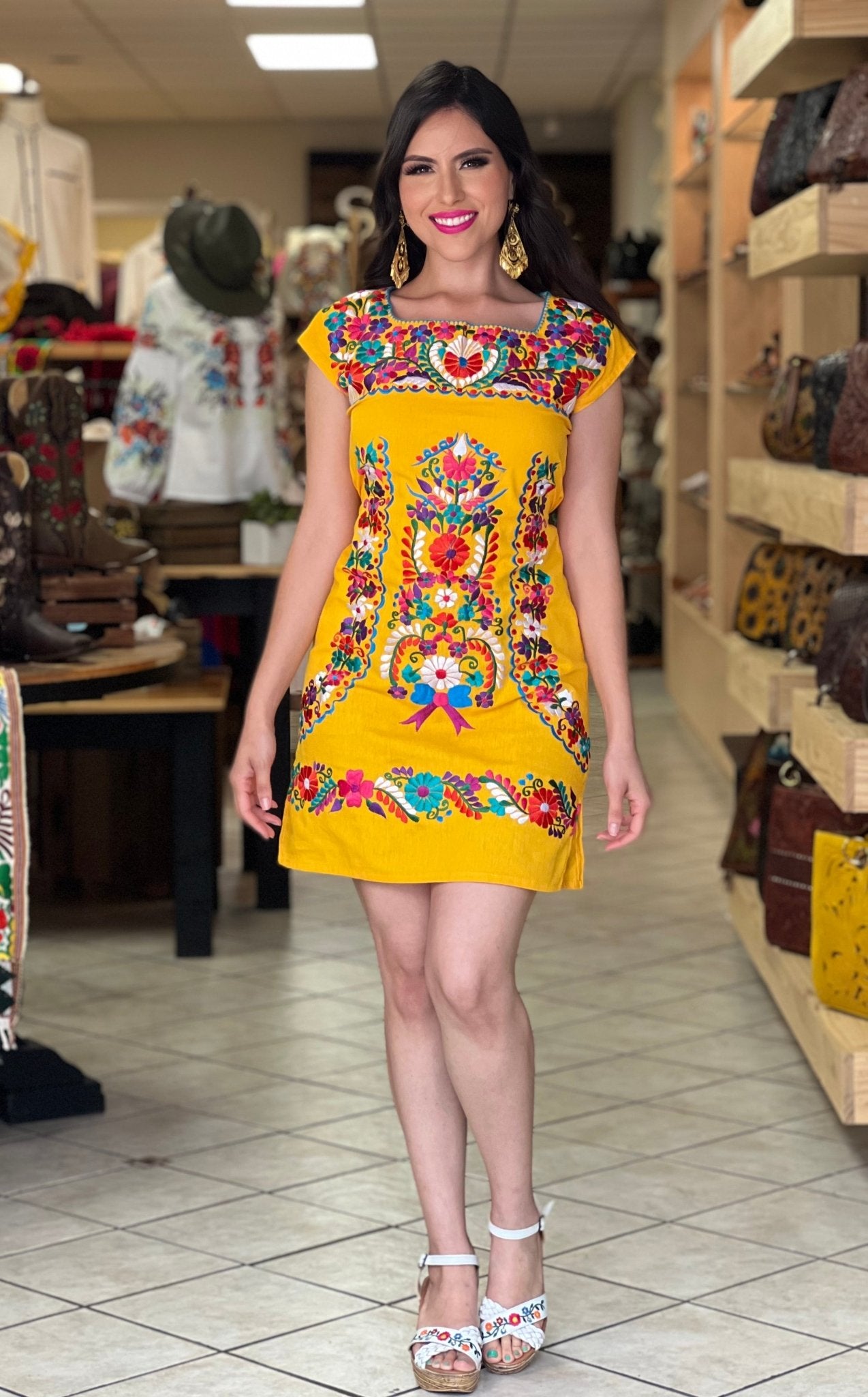 Colorful Mexican Embroidered Dress in Yellow