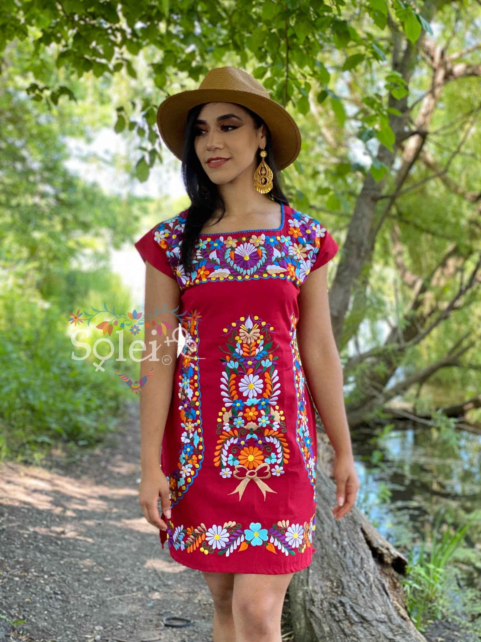 Colorful Mexican Embroidered Dress in Red