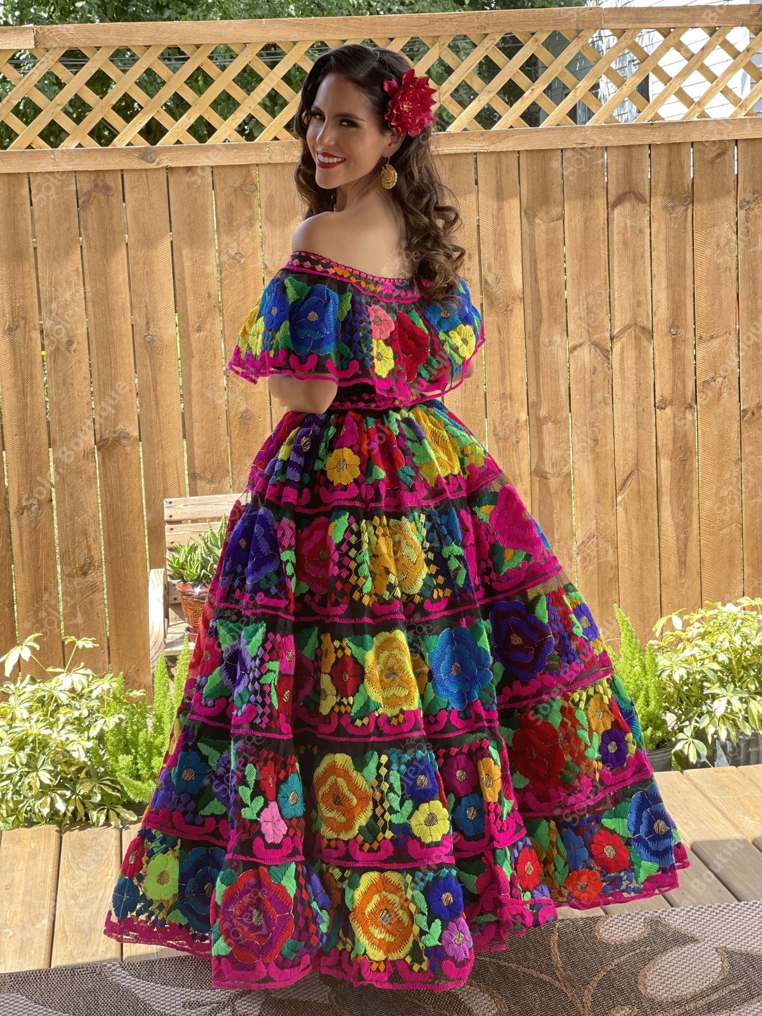 Traditional Mexican Folkloric Chiapaneco Doble Ruedo Dress in Black with Multicolor Embroidery