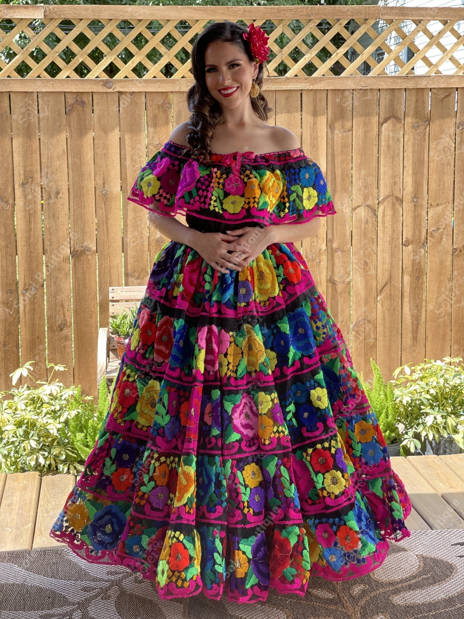 Traditional Mexican Folkloric Chiapaneco Doble Ruedo Dress in Black with Multicolor Embroidery