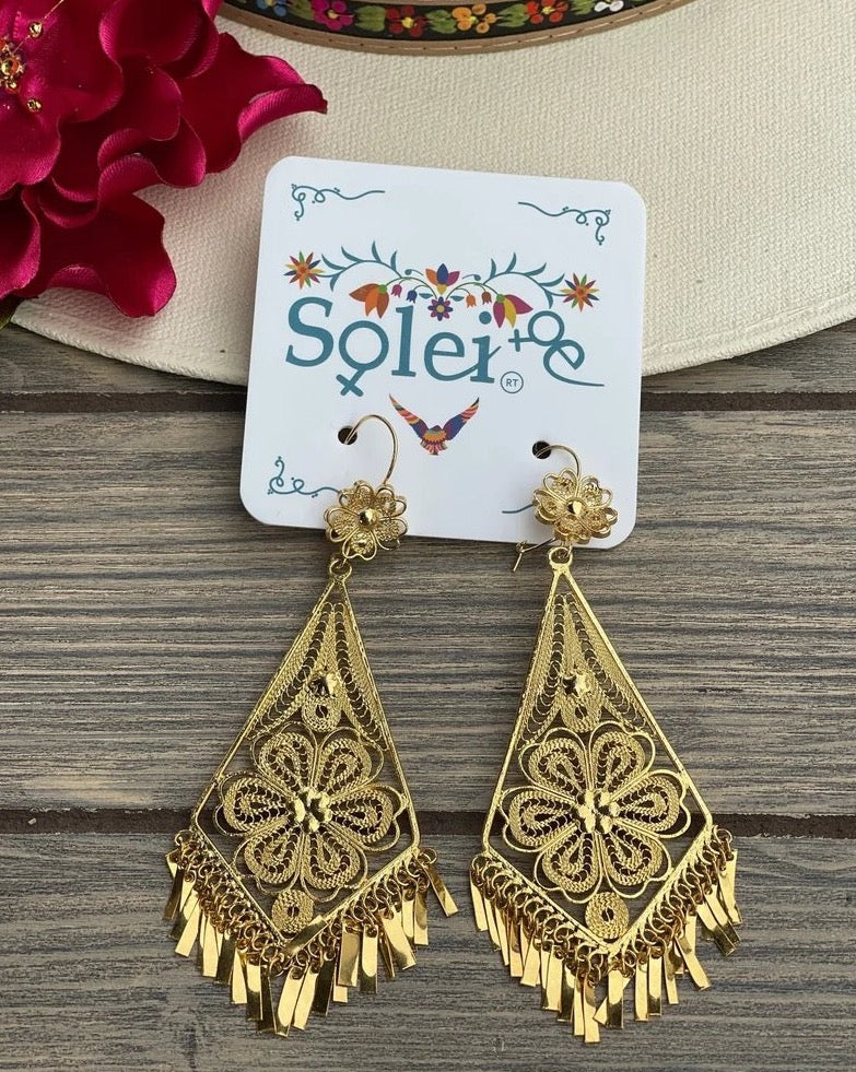 Traditional Mexican Gold Plated Filigree Earrings. Aretes Rombo - Solei Store