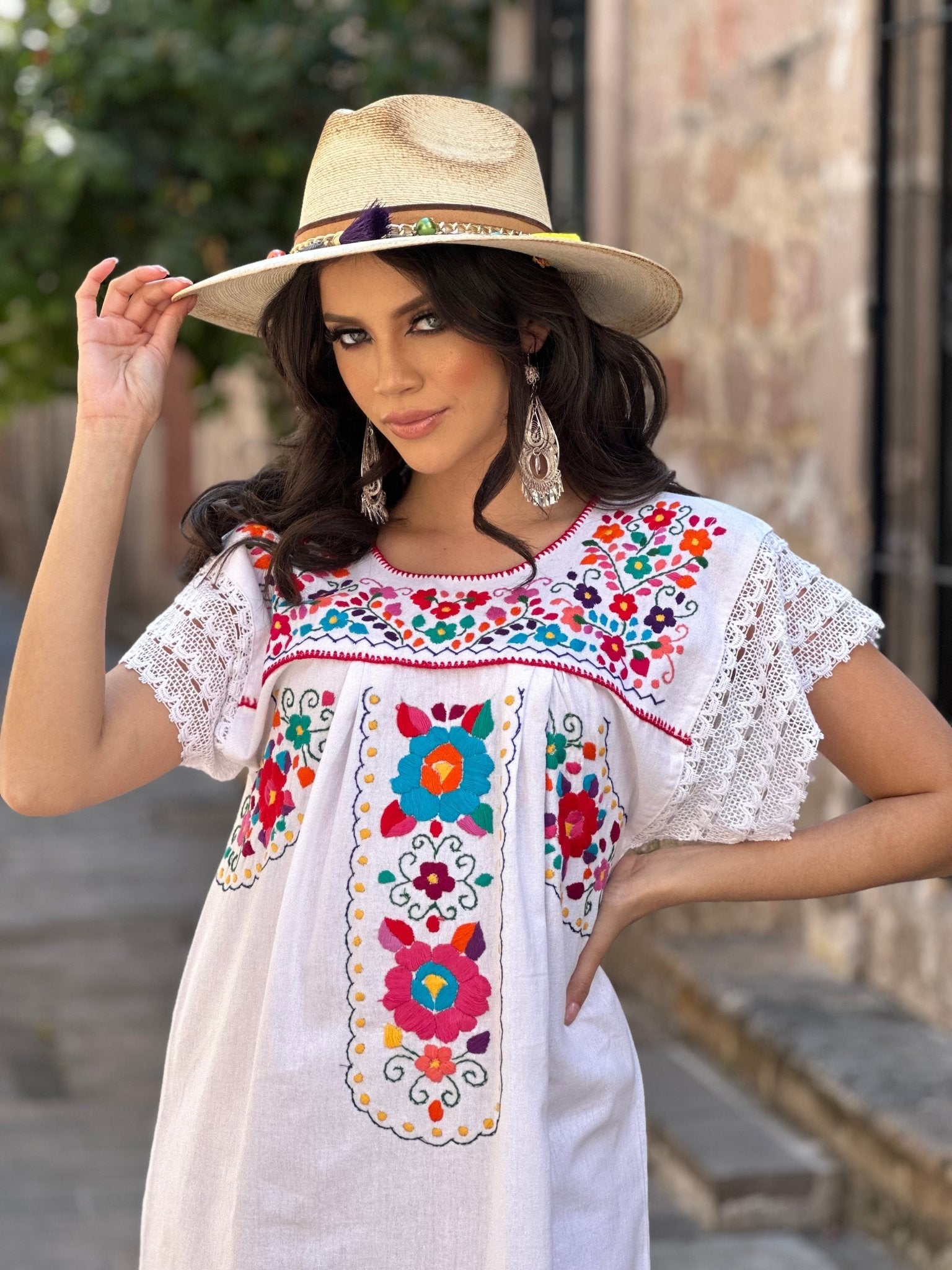 Traditional Mexican Hand Embroidered Tunic Dress in White with floral embroidery